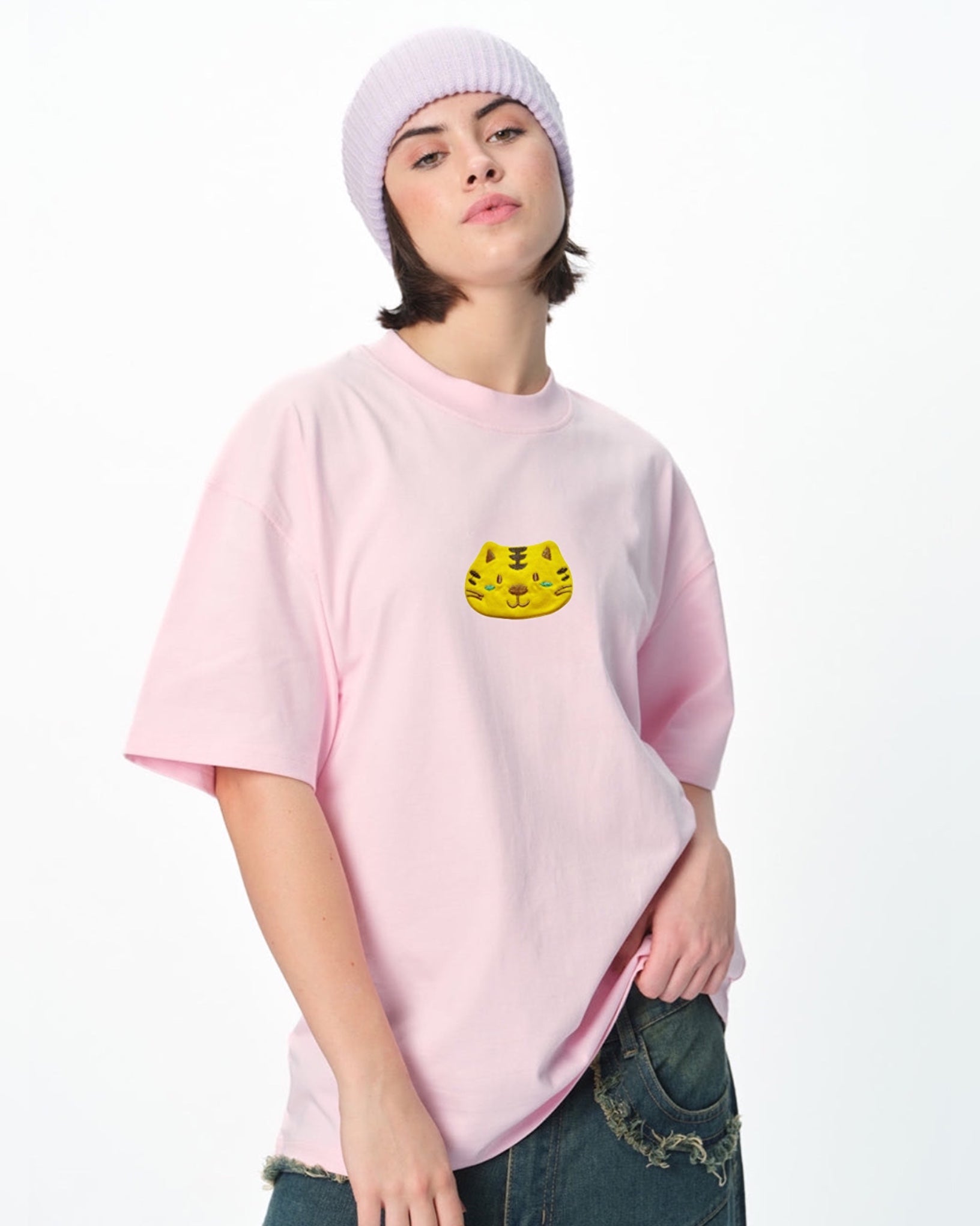 Kitty Embroidered Patched Drop Shoulder Oversized Tee Pink