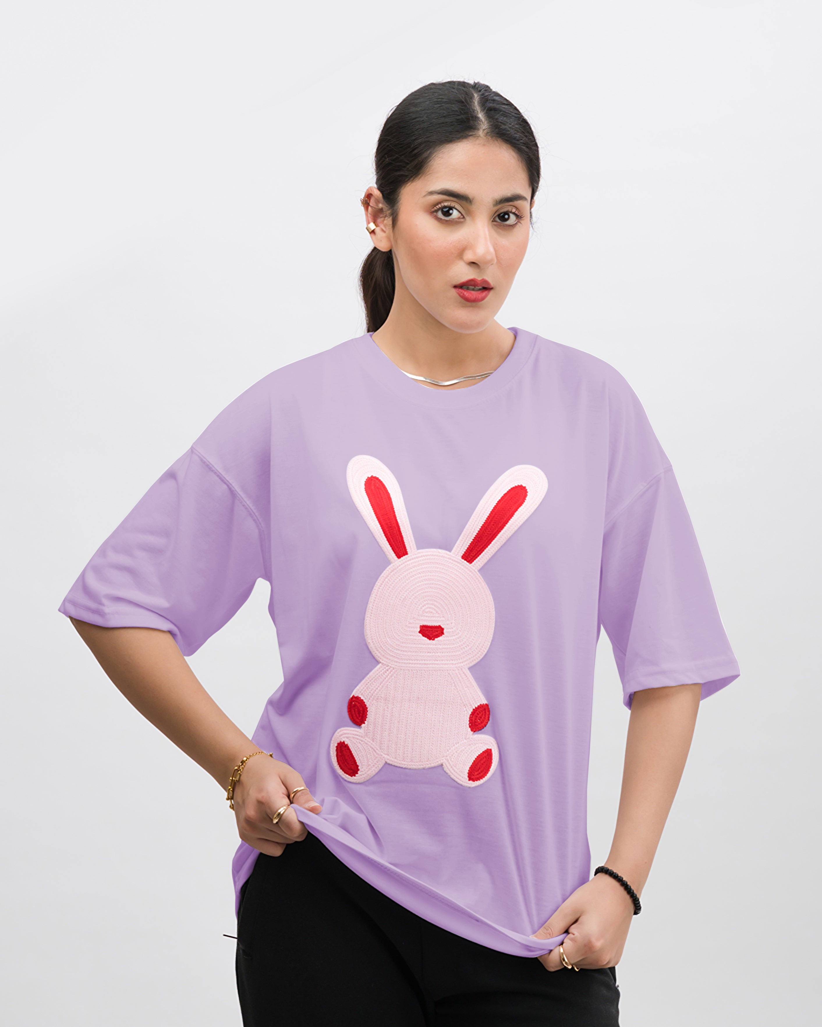 Bella Bear Embroidered Patched Drop Shoulder Oversized Tee Lavender