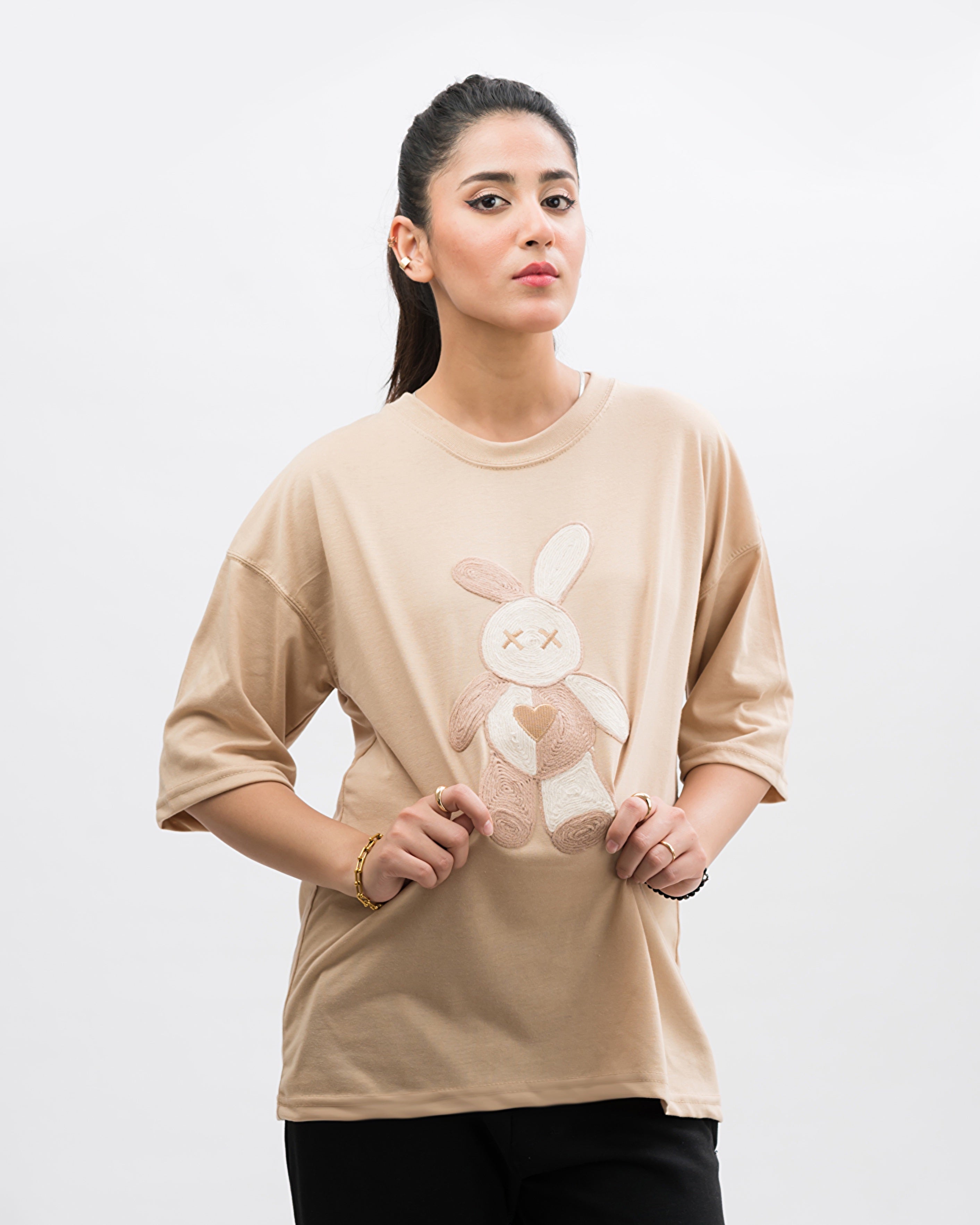 Teddy Caramel Embroidered Patched Drop Shoulder Oversized Tee Beige