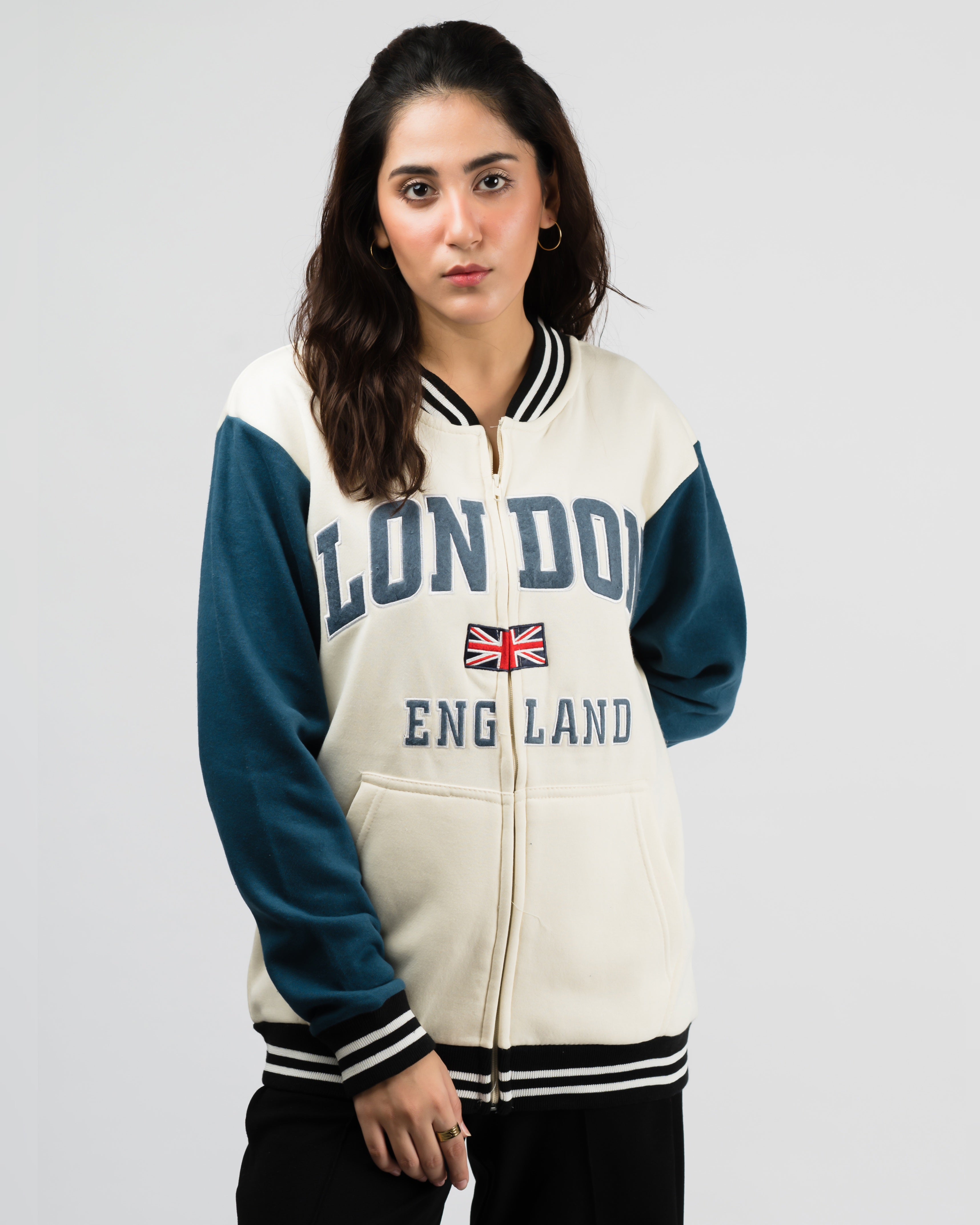 London Embroidered Zipper Baseball Jacket Beige