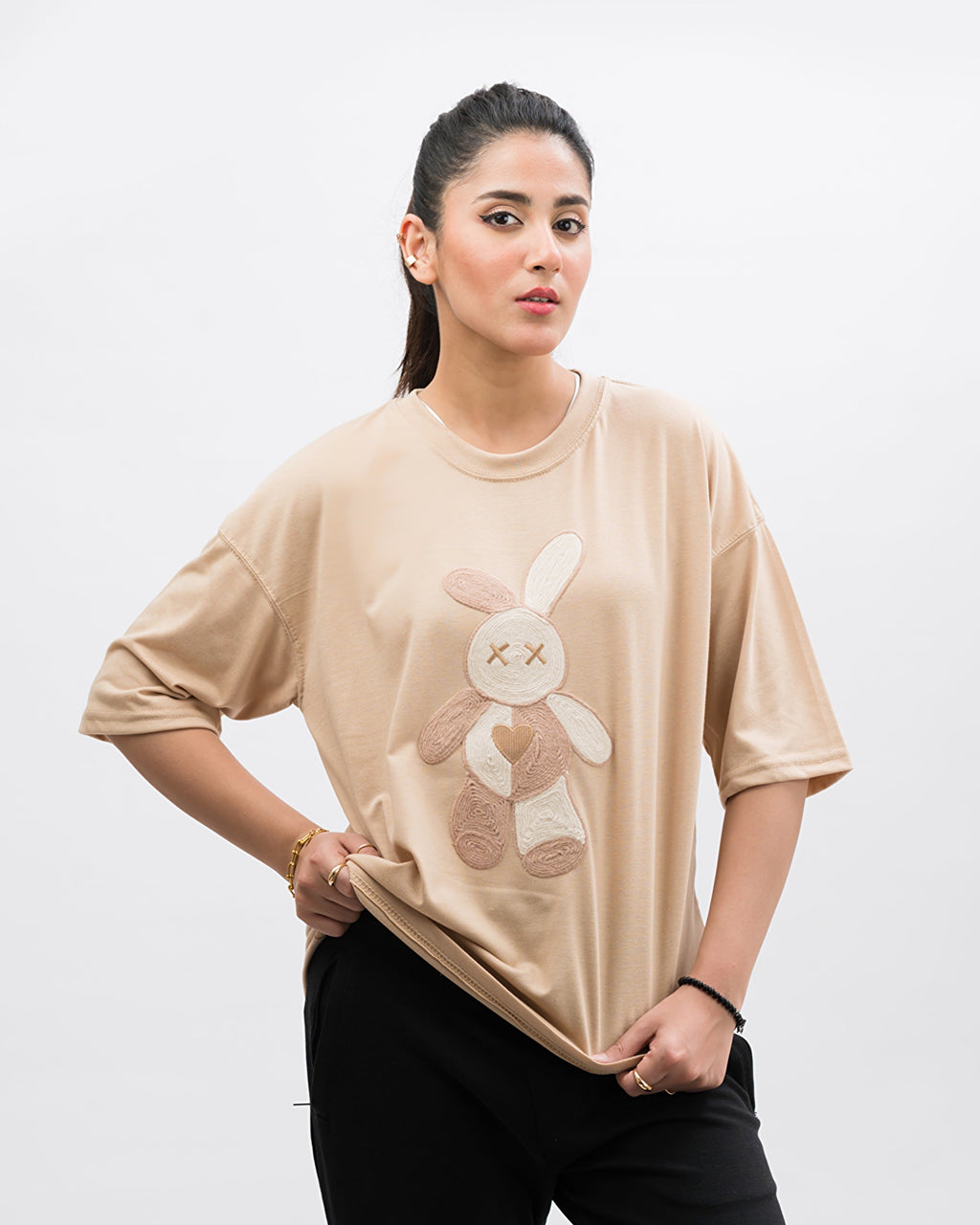 Teddy Caramel Embroidered Patched Drop Shoulder Oversized Tee Beige