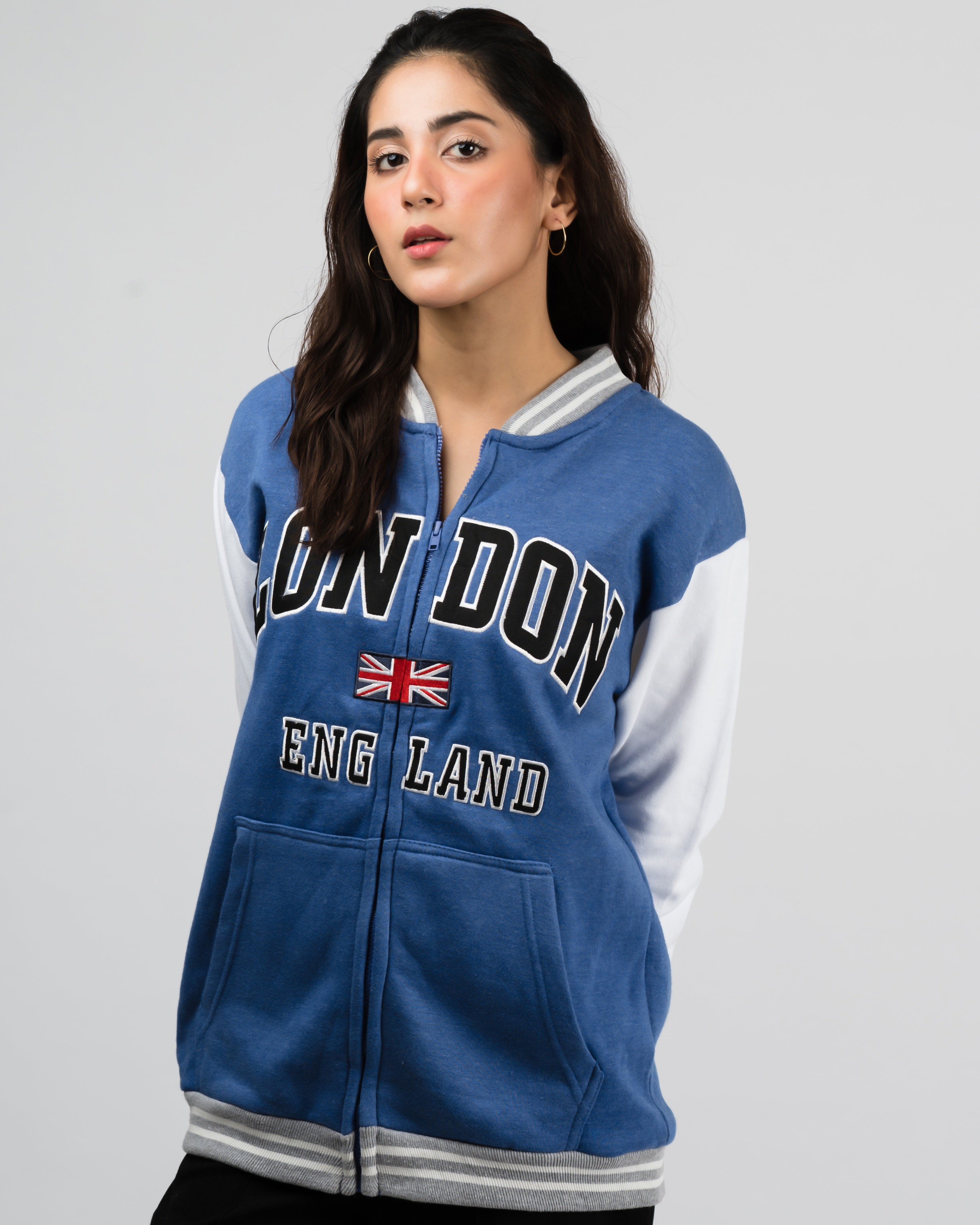 London Embroidered Zipper Baseball Jacket Blue