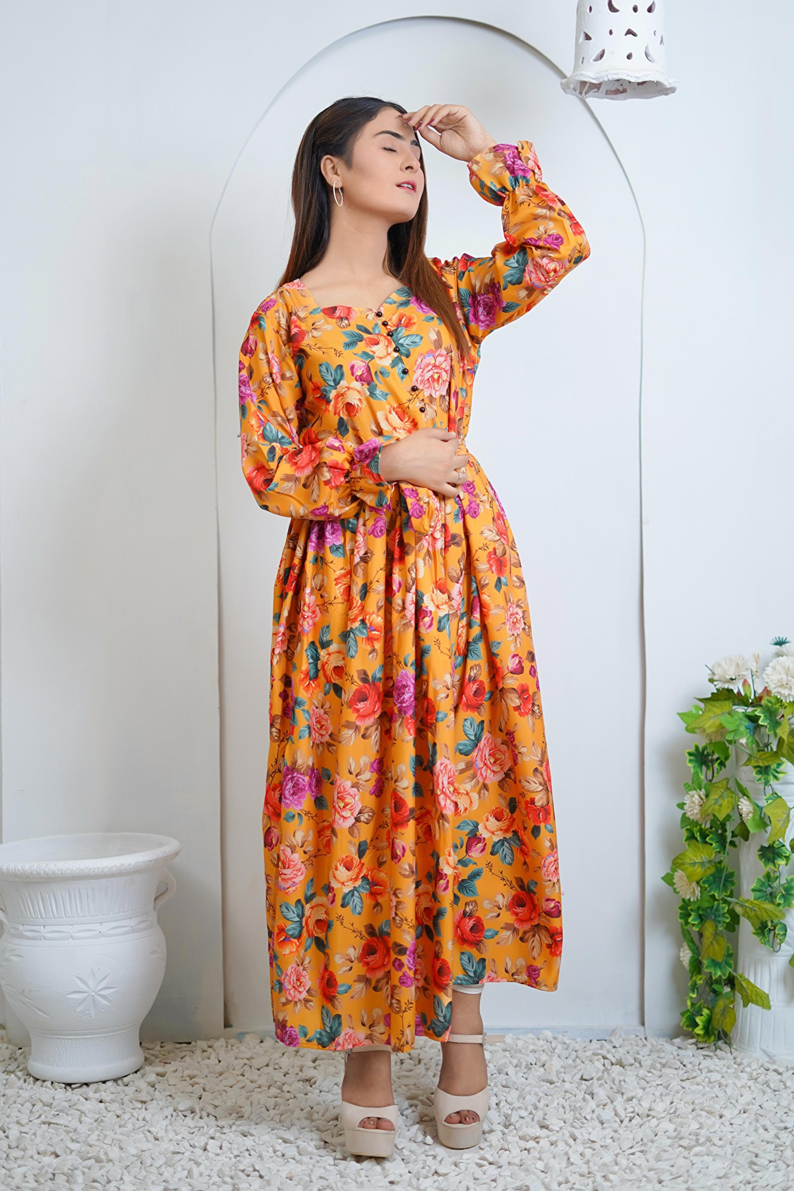 Orange Lily Floral Printed Lawn Maxi Dress