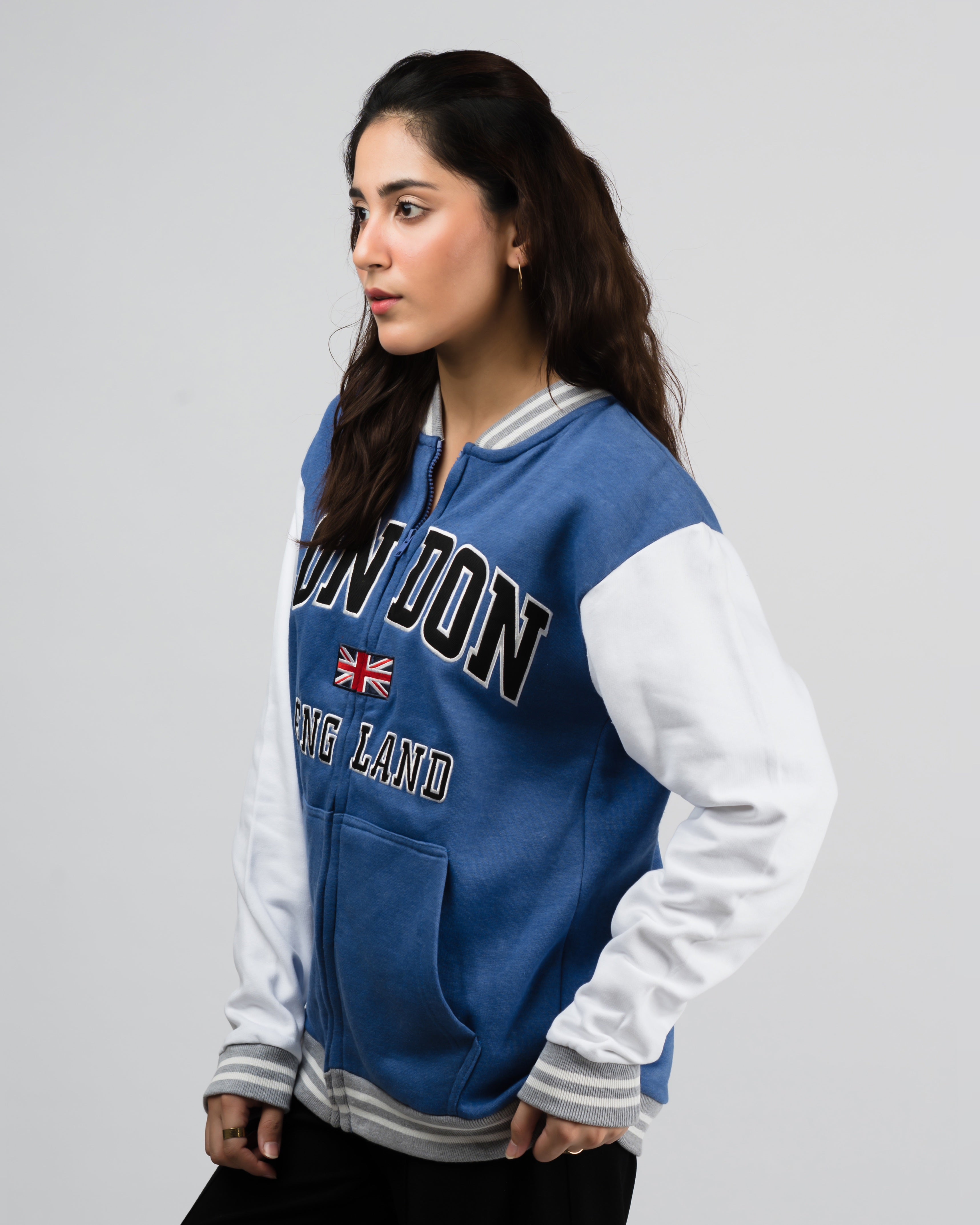 London Embroidered Zipper Baseball Jacket Blue
