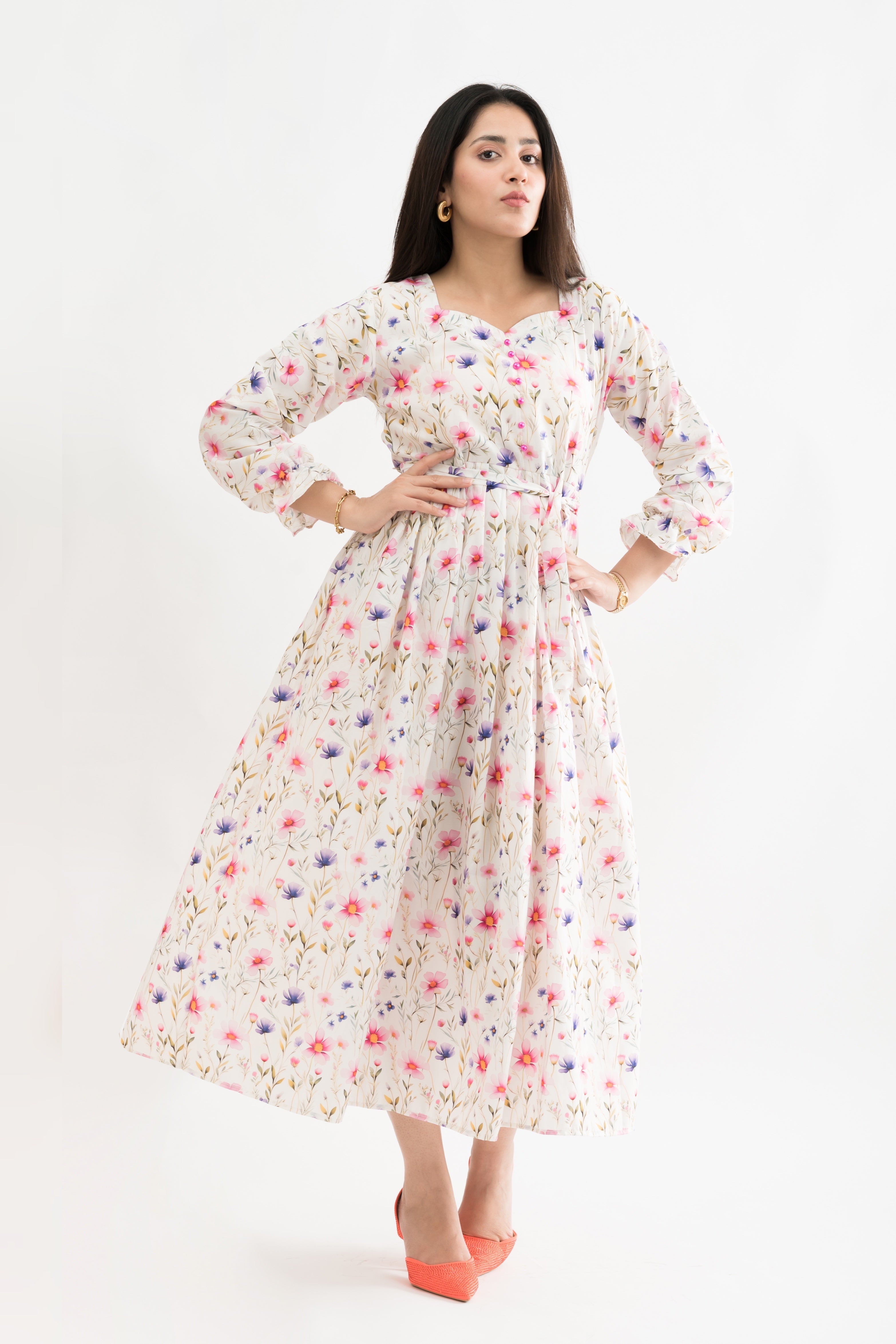 Lilly White Floral Printed Lawn Maxi Dress