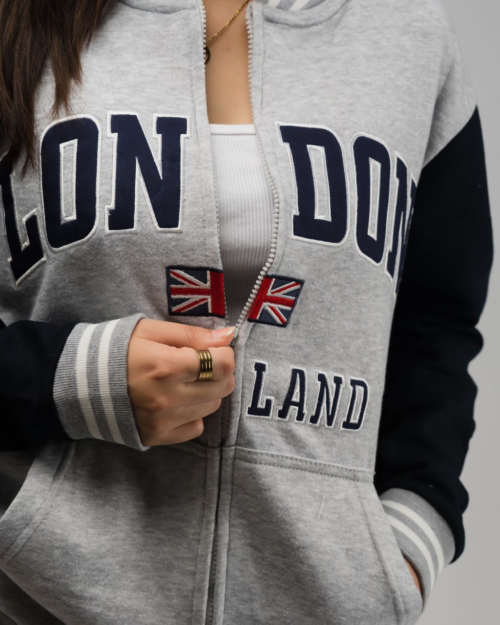 London Embroidered Zipper Baseball Jacket Grey