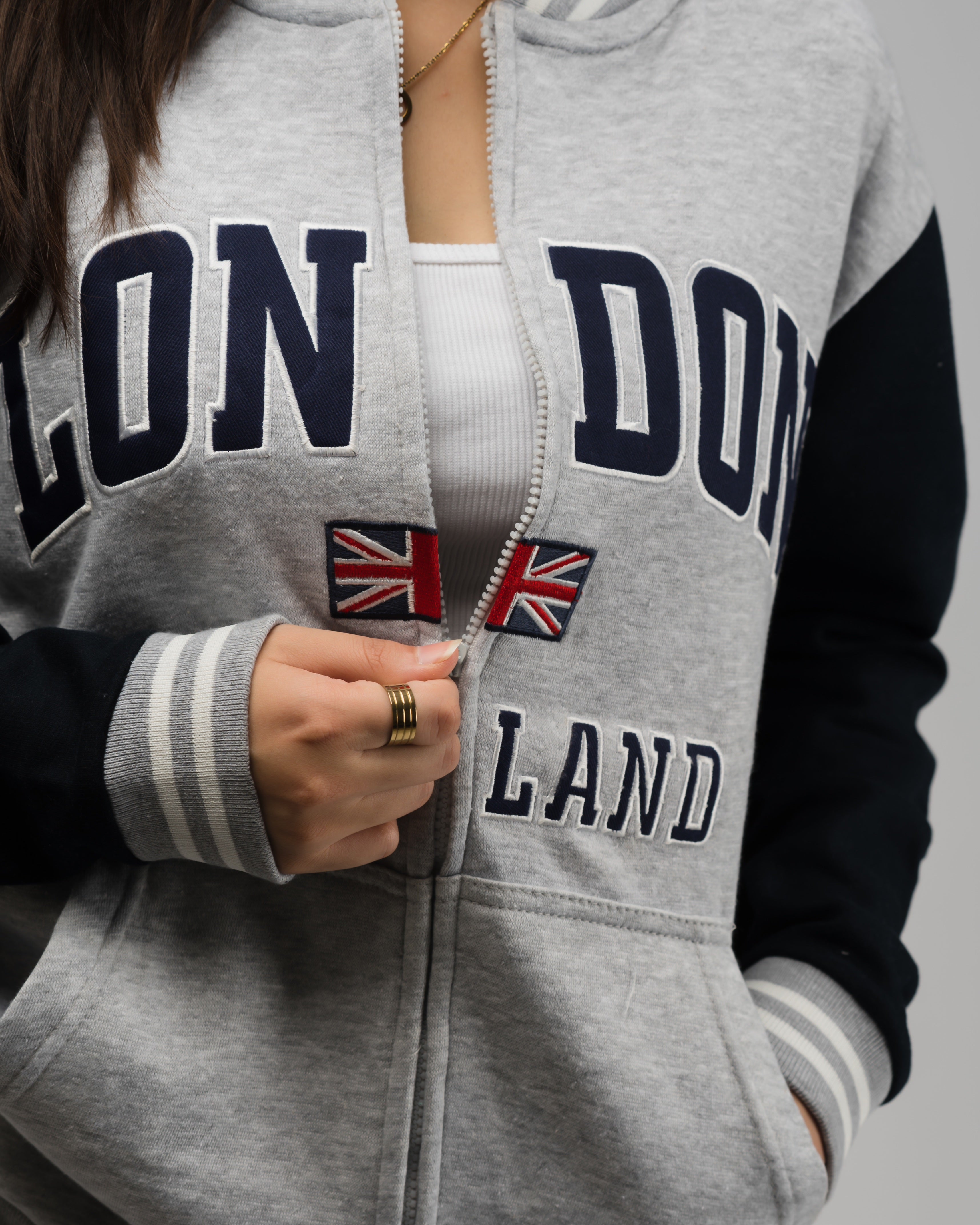 London Embroidered Zipper Baseball Jacket Grey
