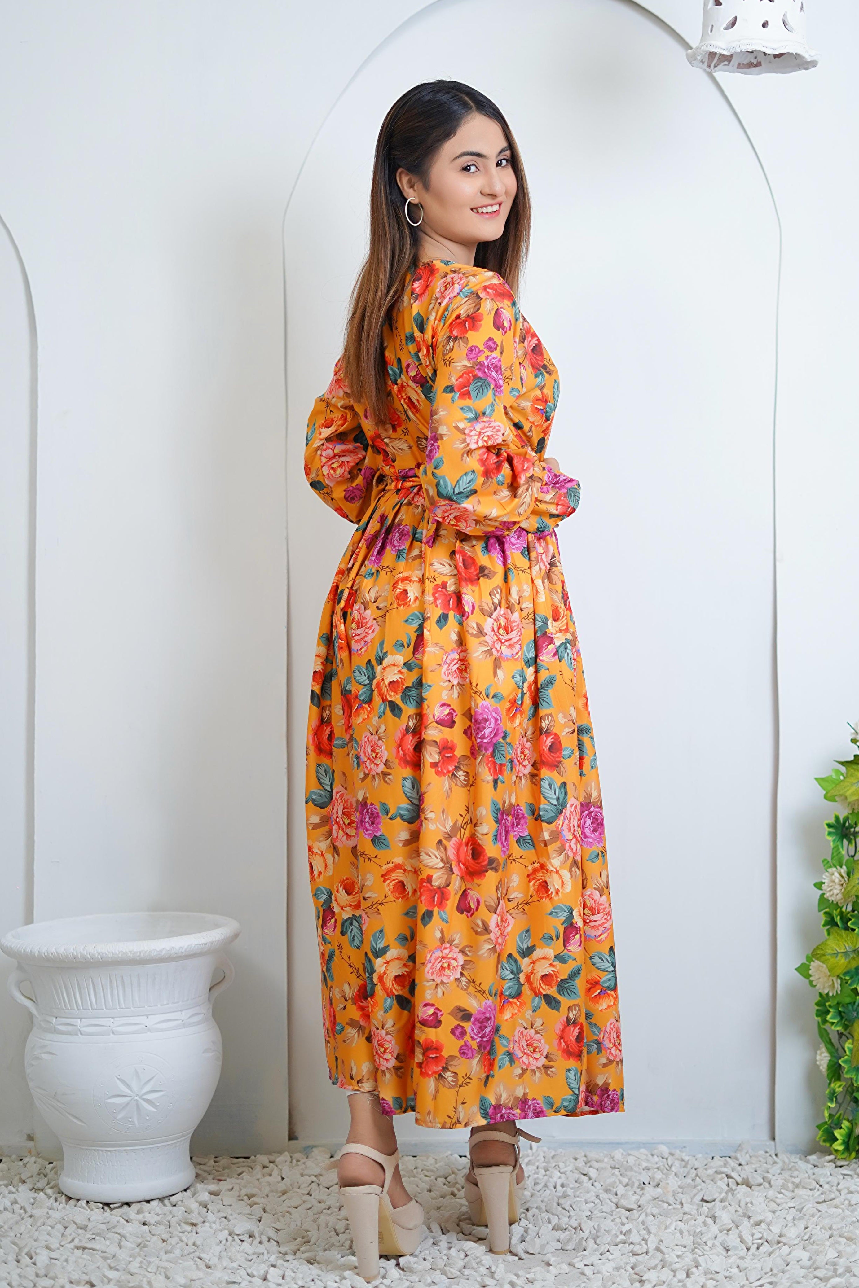 Orange Lily Floral Printed Lawn Maxi Dress