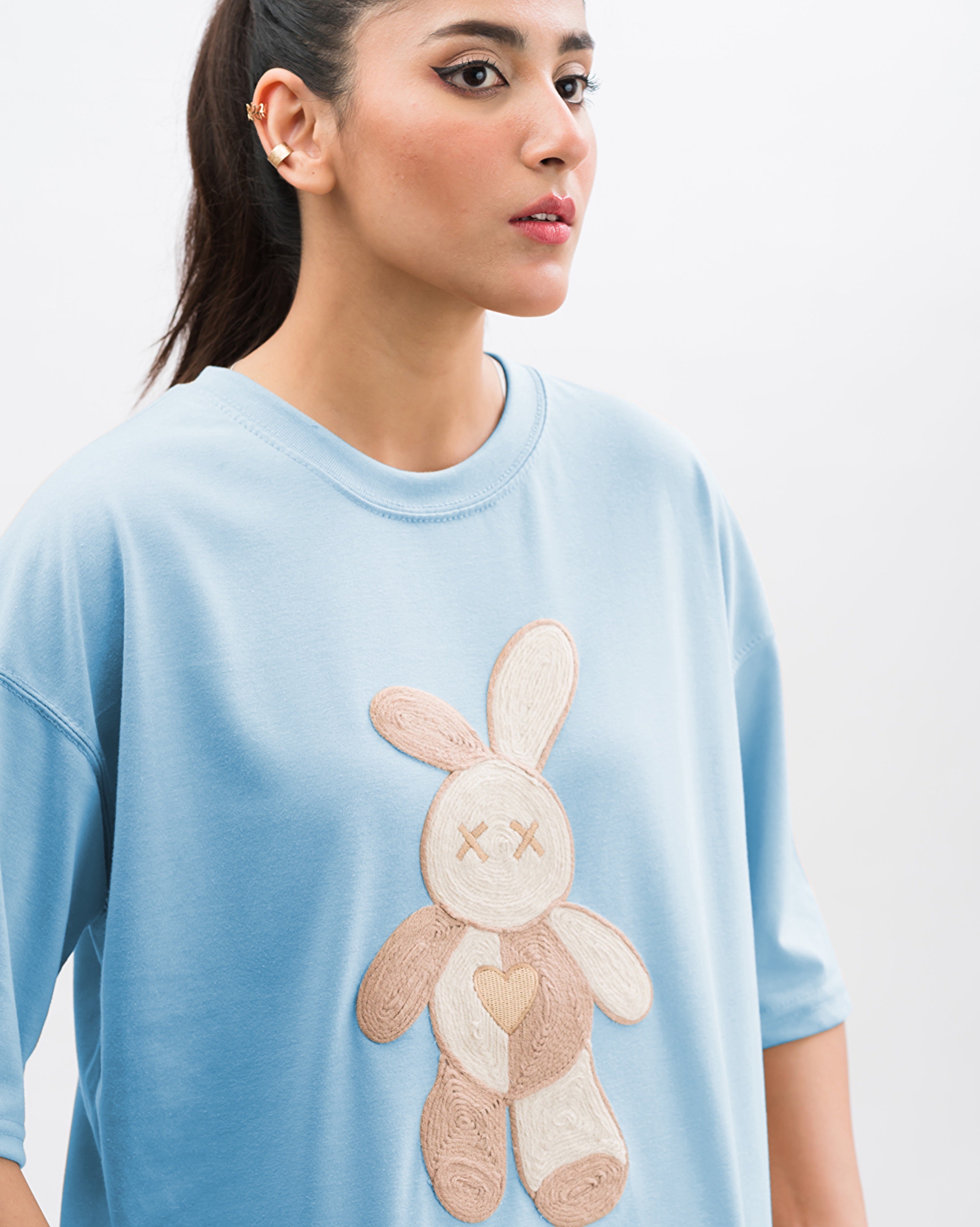 Teddy Caramel Embroidered Patched Drop Shoulder Oversized Tee Sky Blue