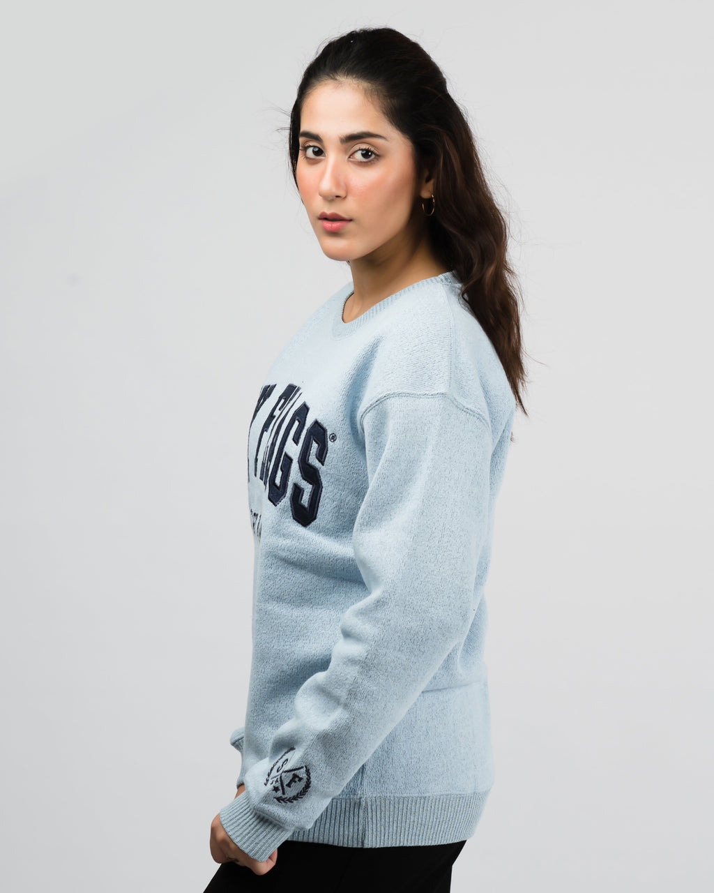 Six Flag Embroidered Irish Knitted Sweater Blue