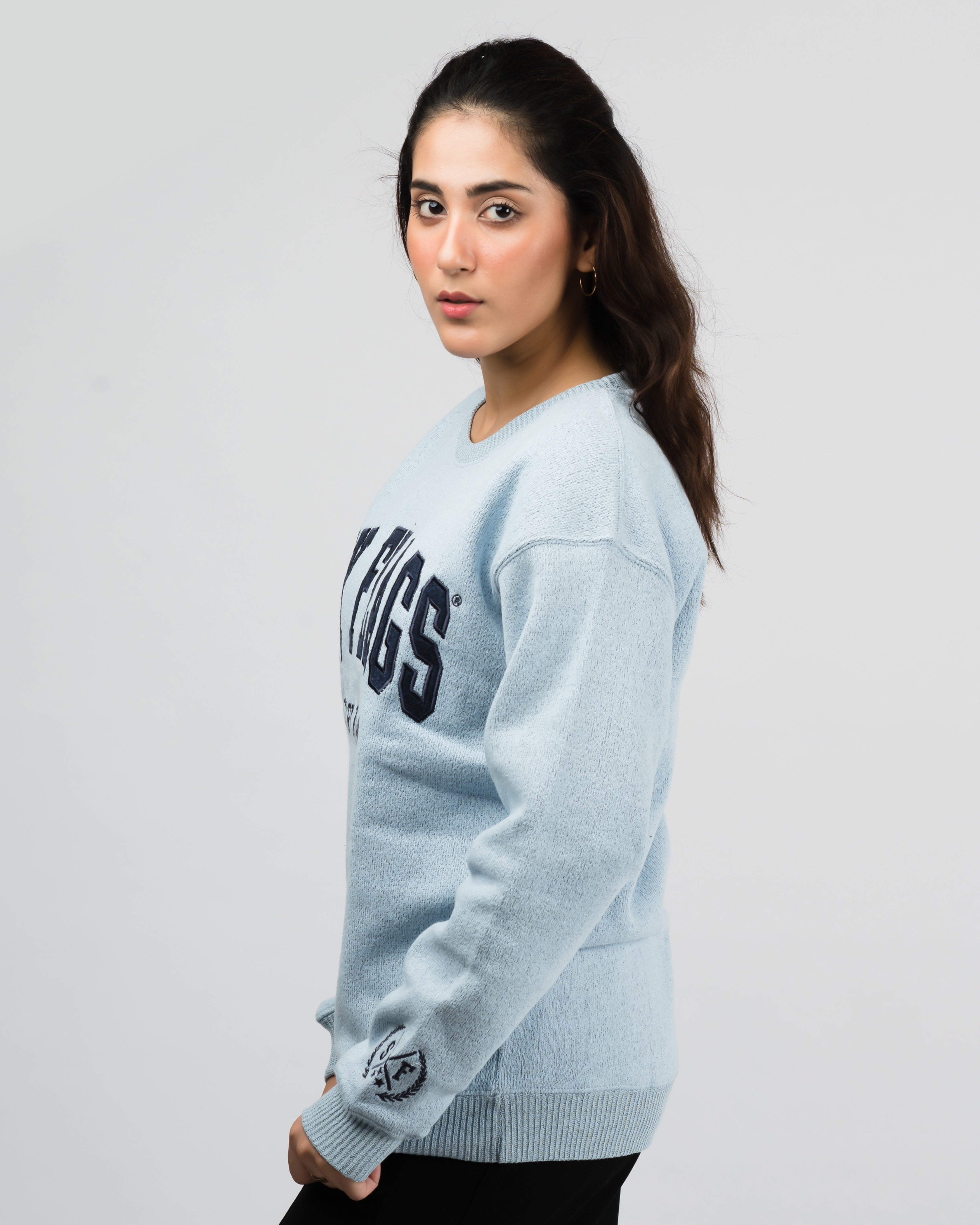 Six Flag Embroidered Irish Knitted Sweater Blue