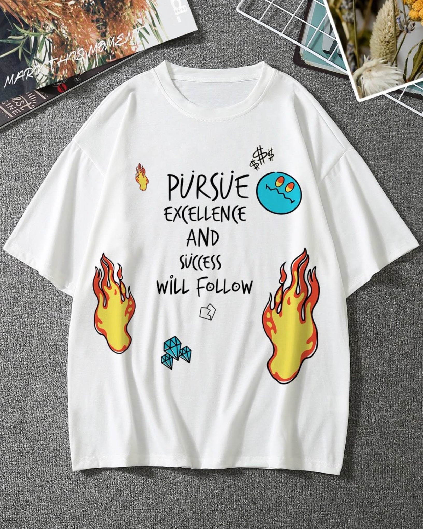 Pursue Excellence Graphic Drop Shoulder Oversized T-shirt White