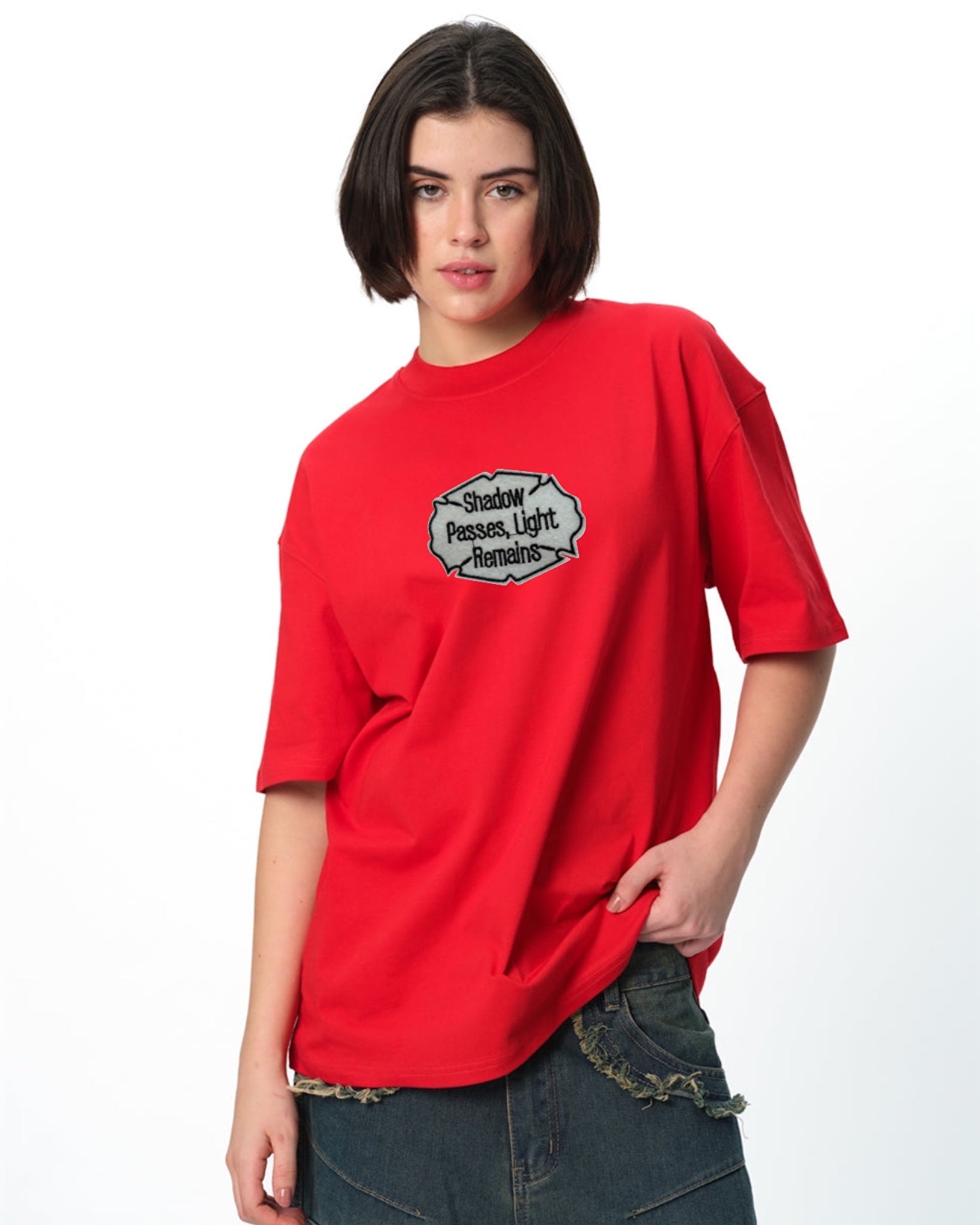 Slogan Embroidered Patched Drop Shoulder Oversized Tee Red