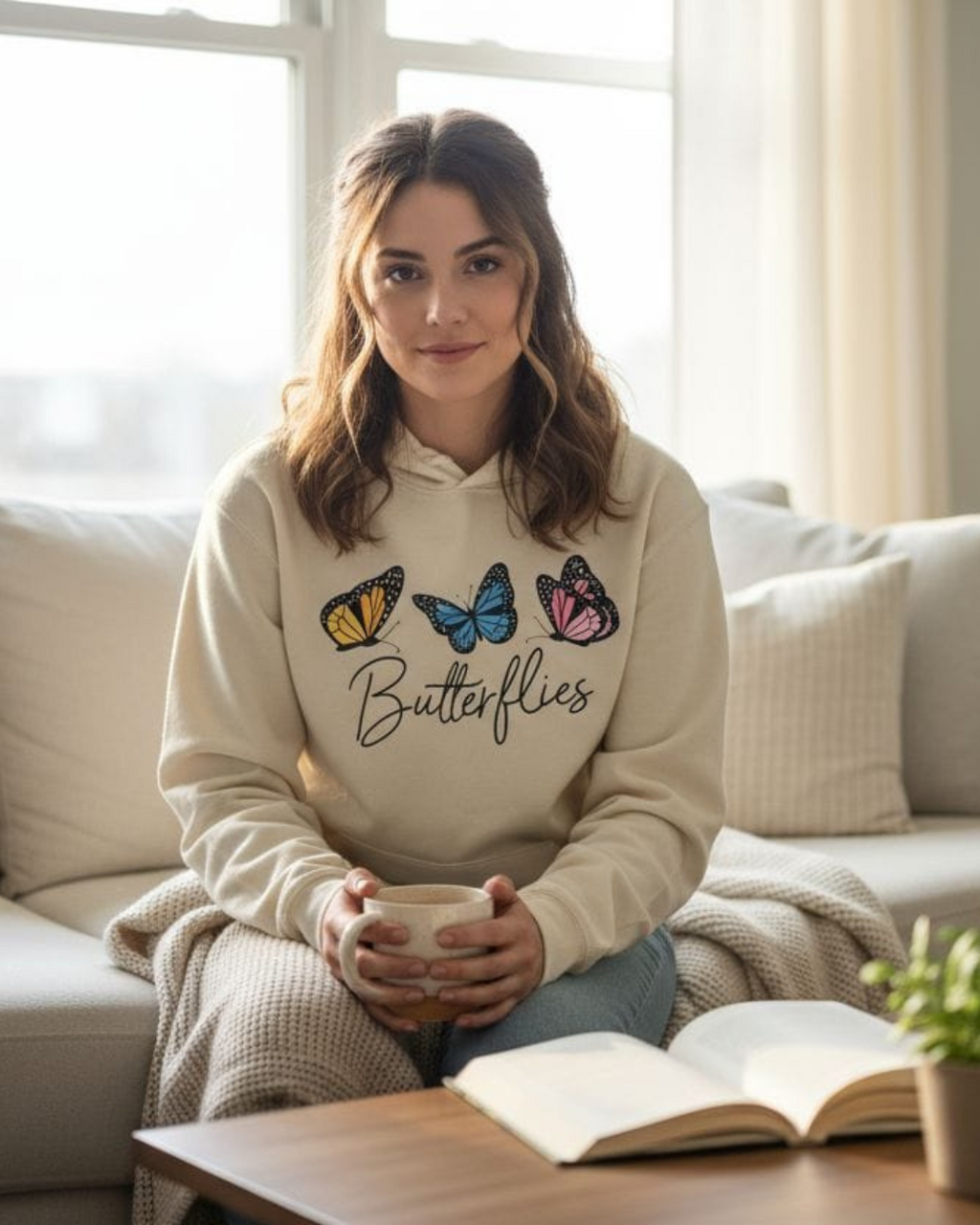 Butterfly Print Oversized Fit Pull Over Hoodie Off White