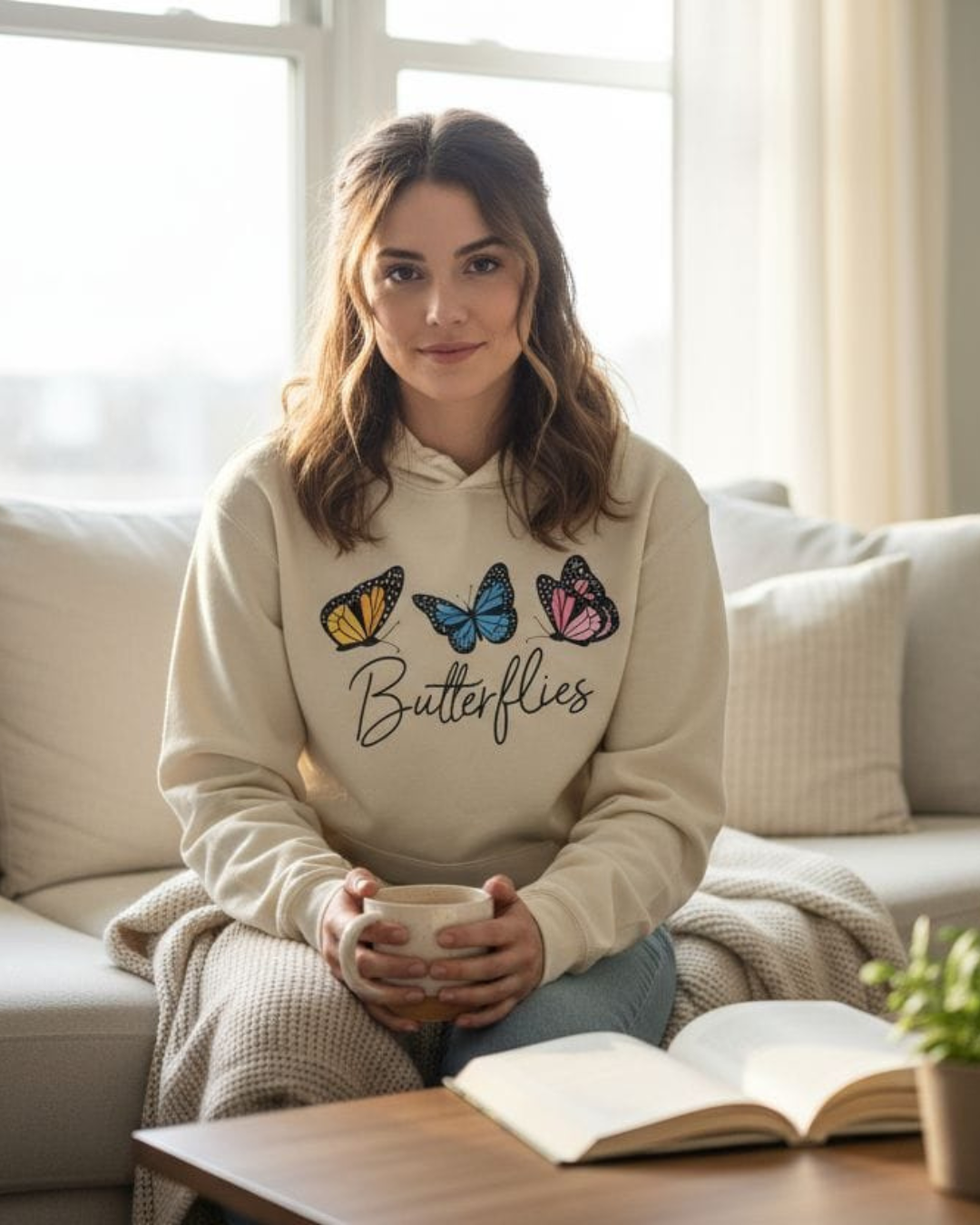Butterfly Print Oversized Fit Pull Over Hoodie Off White