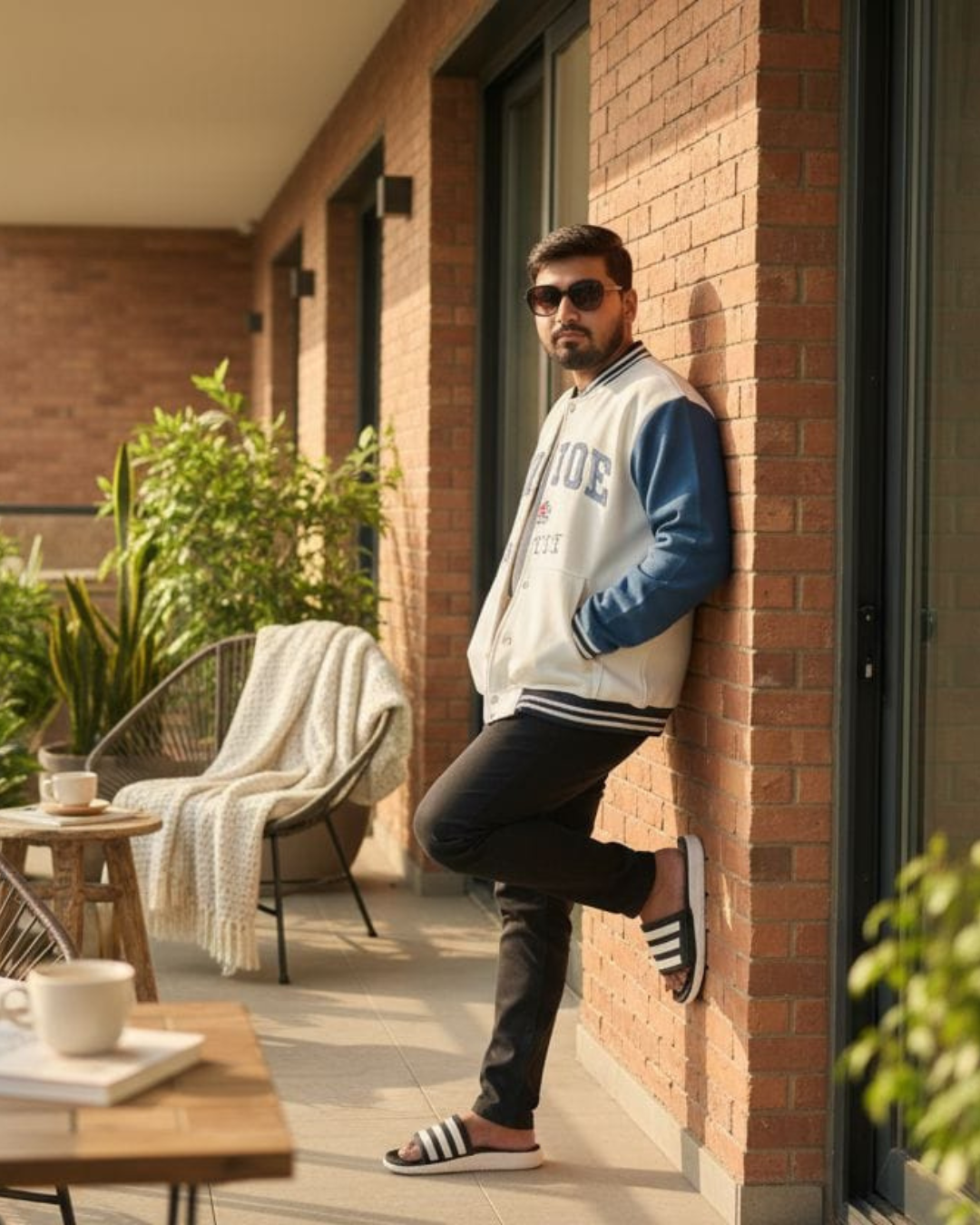 London Embroidered Zipper Baseball Jacket Beige