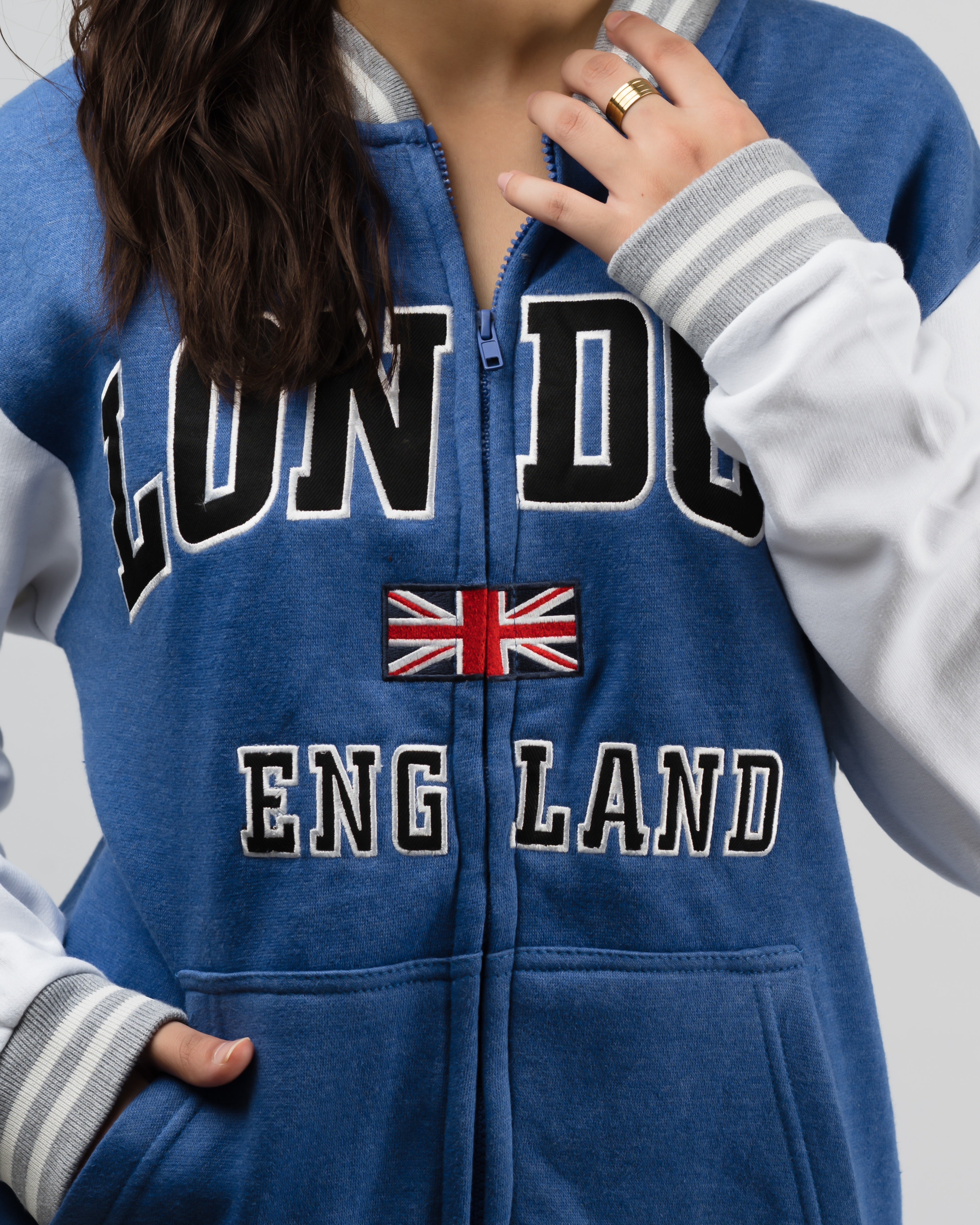 London Embroidered Zipper Baseball Jacket Blue