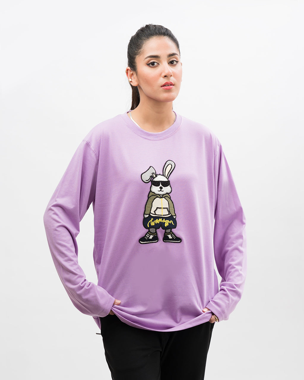 Roger Rabbit Embroidered Patched Long Sleeves Oversized Tee Lavender