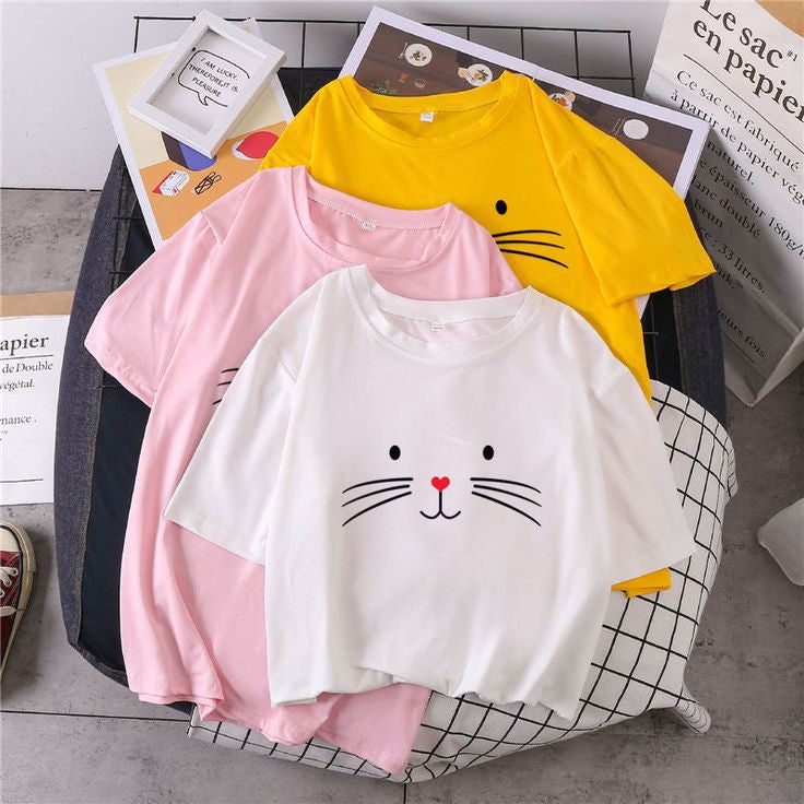 Cat Face Graphic Drop Shoulder Oversized Tee