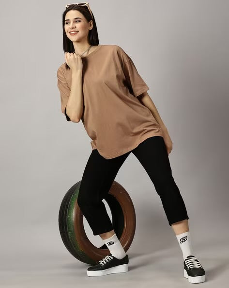 Womens Basic Oversized Drop Shoulder Tee Coffee