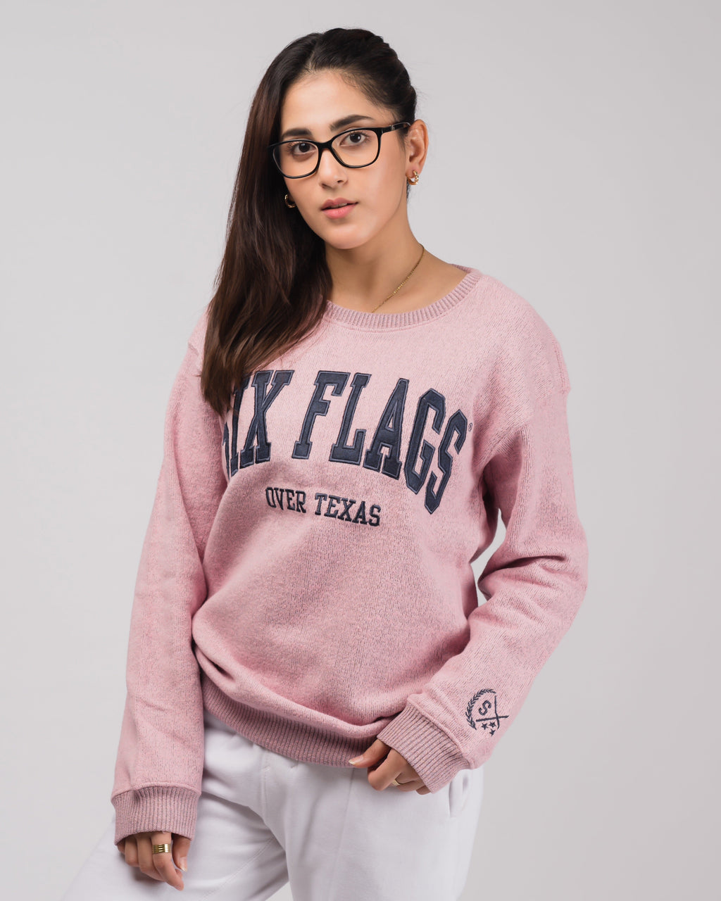 Six Flag Embroidered Irish Knitted Sweater Pink