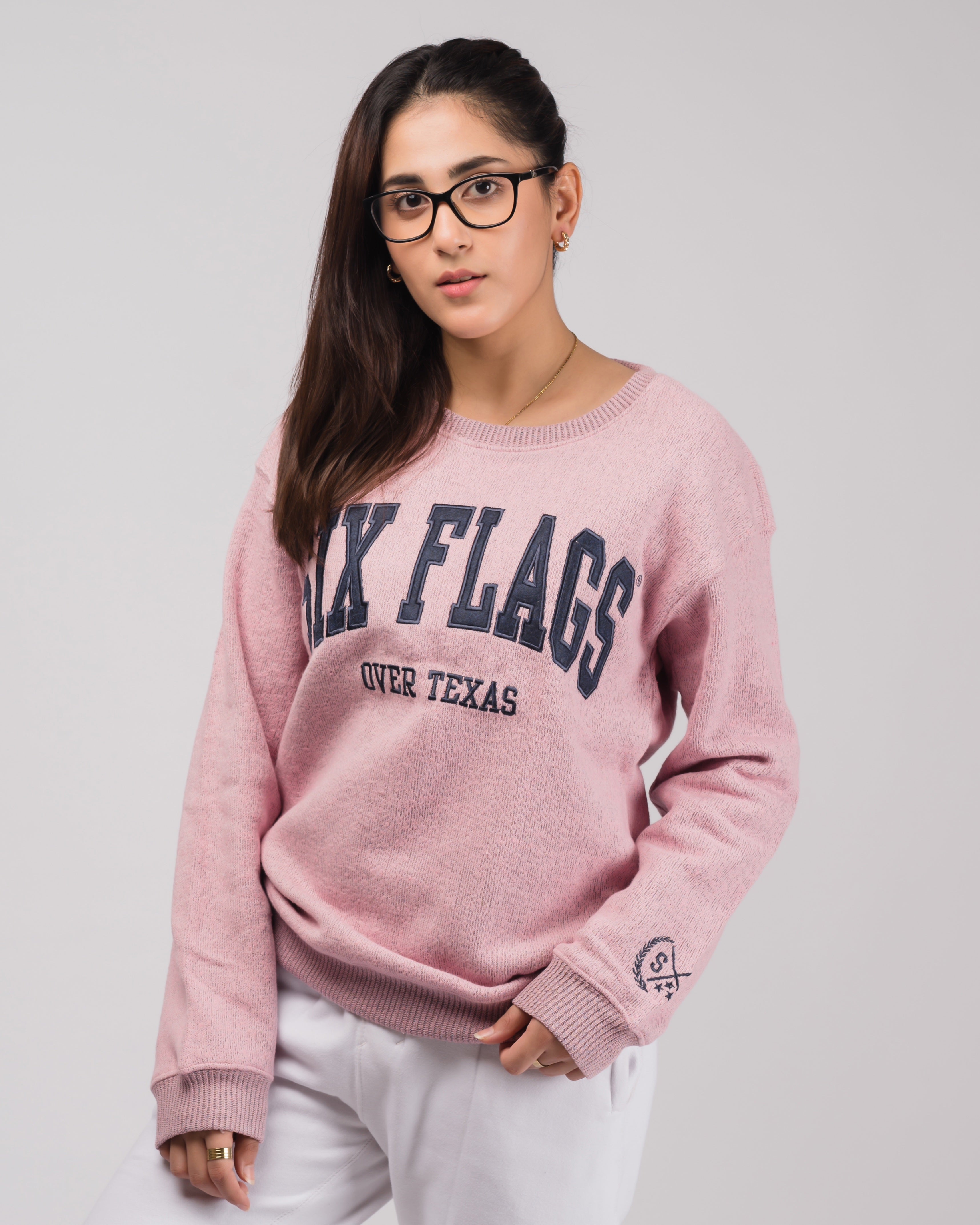 Six Flag Embroidered Irish Knitted Sweater Pink