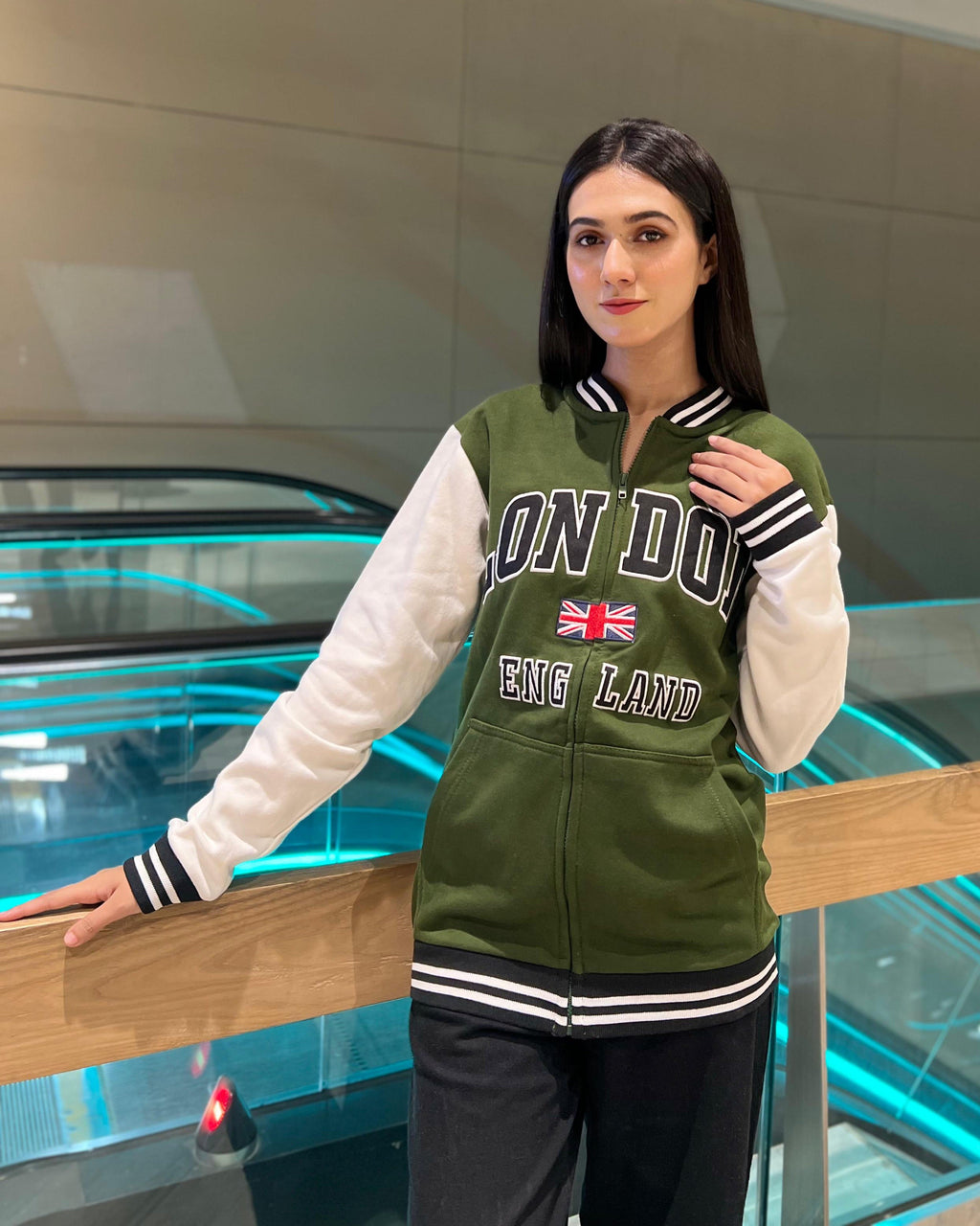 London Embroidered Zipper Baseball Jacket Green