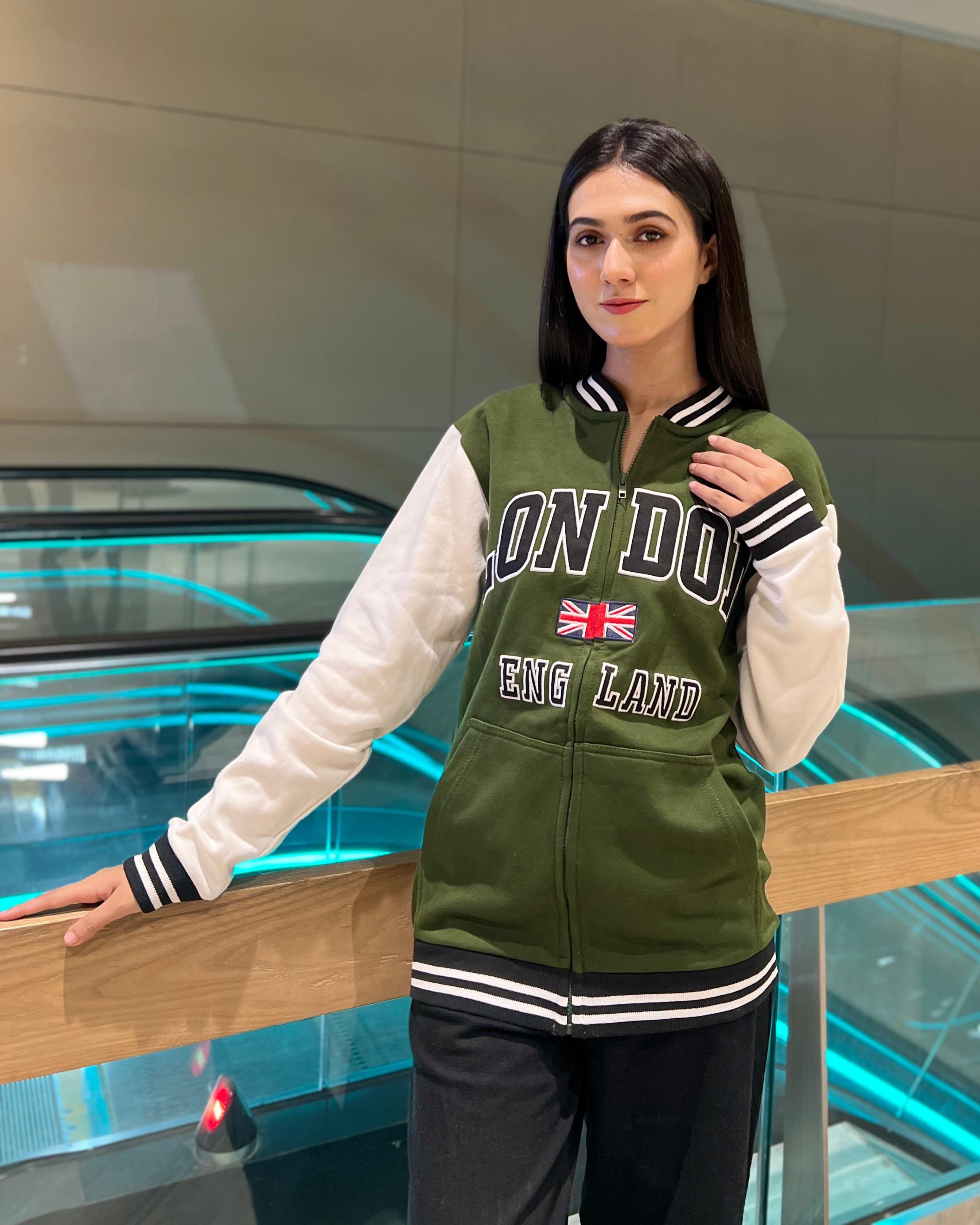 London Embroidered Zipper Baseball Jacket Green