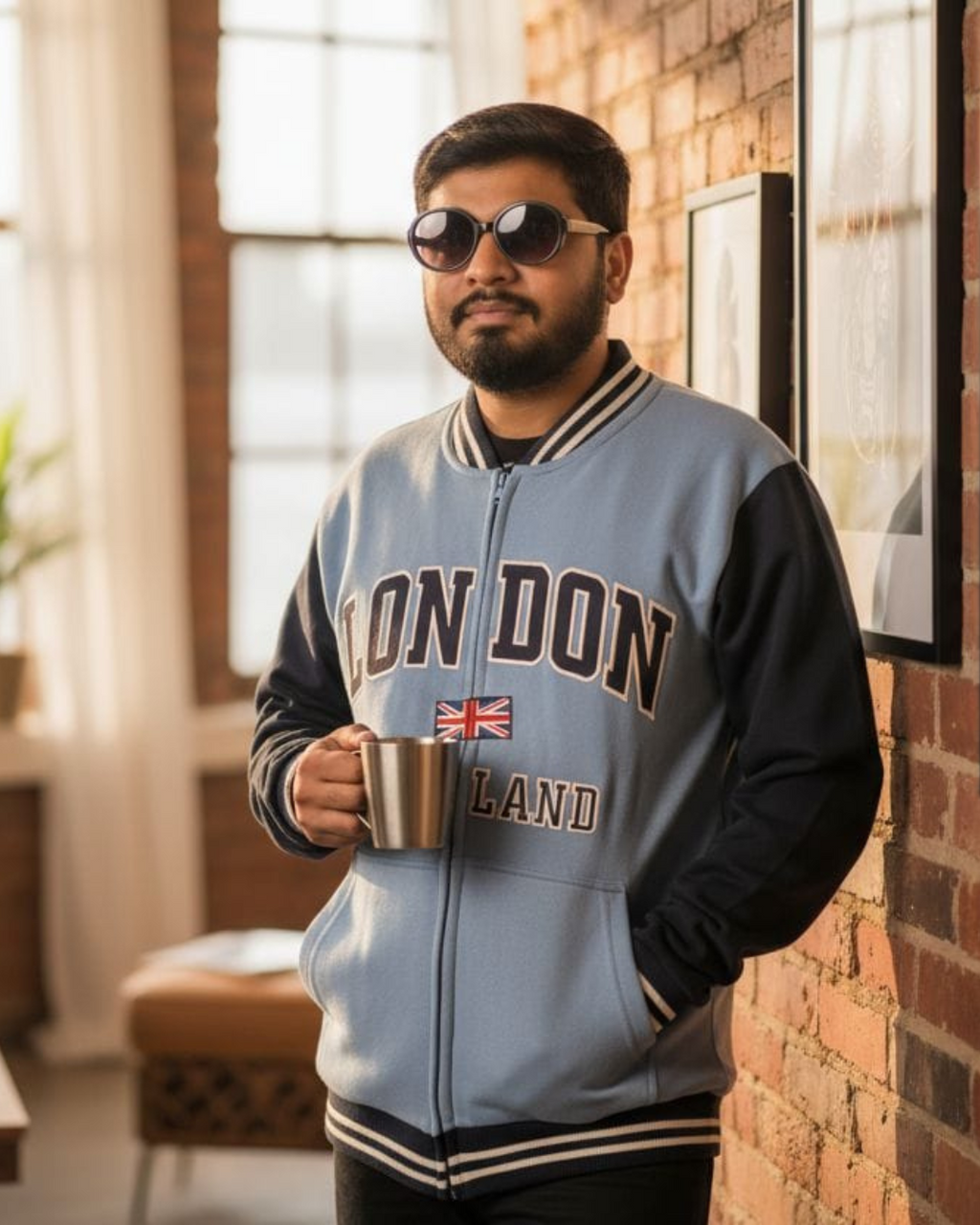 London Embroidered Zipper Baseball Jacket Beige
