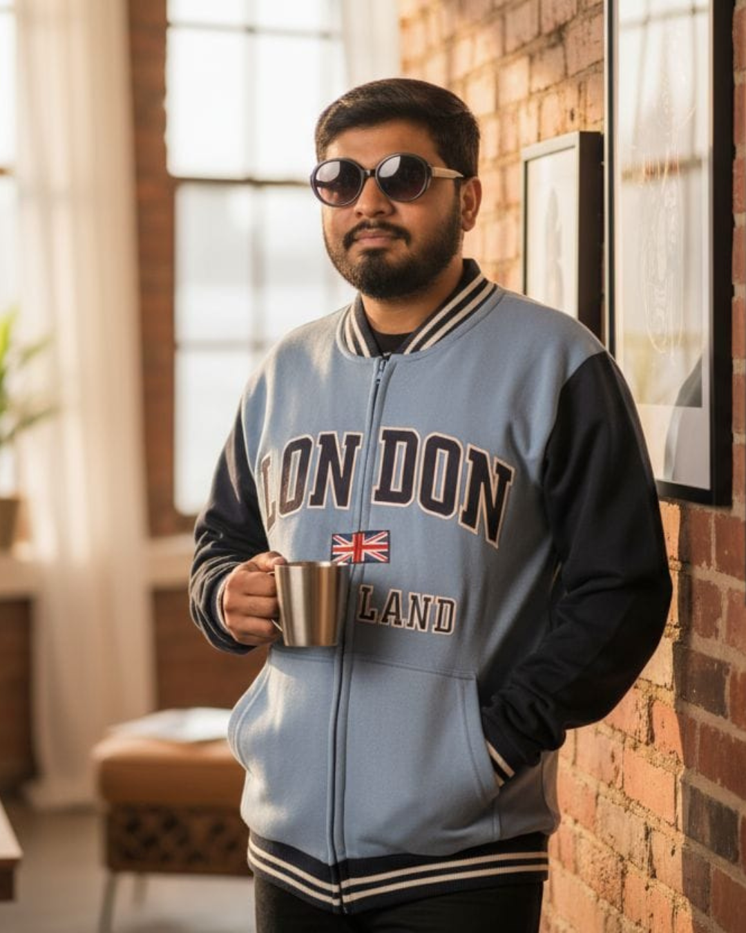 London Embroidered Zipper Baseball Jacket Beige