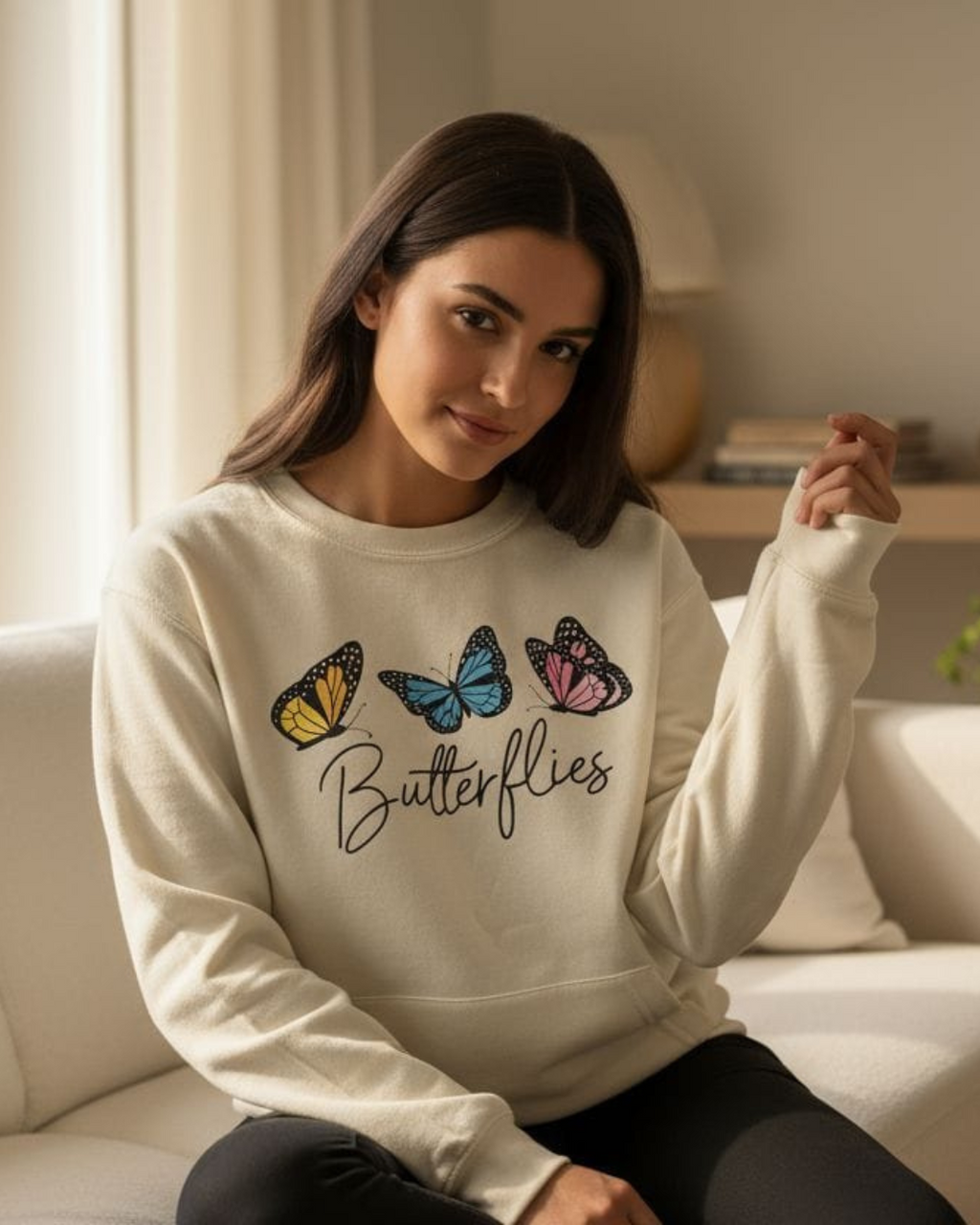 Butterfly Print Oversized Fit Pull Over Hoodie Off White