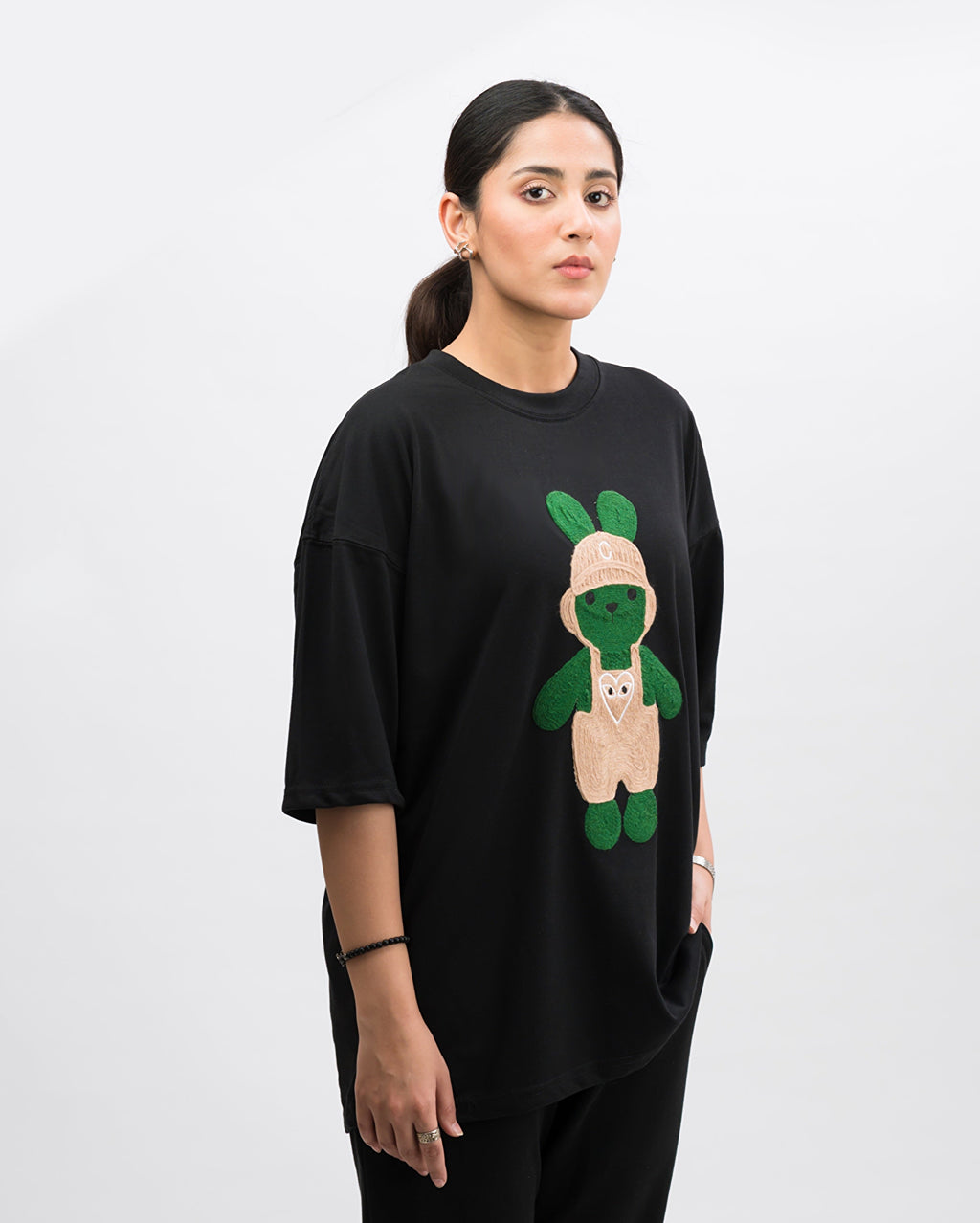 Labubu Embroidered Patched Drop Shoulder Oversized Tee Black
