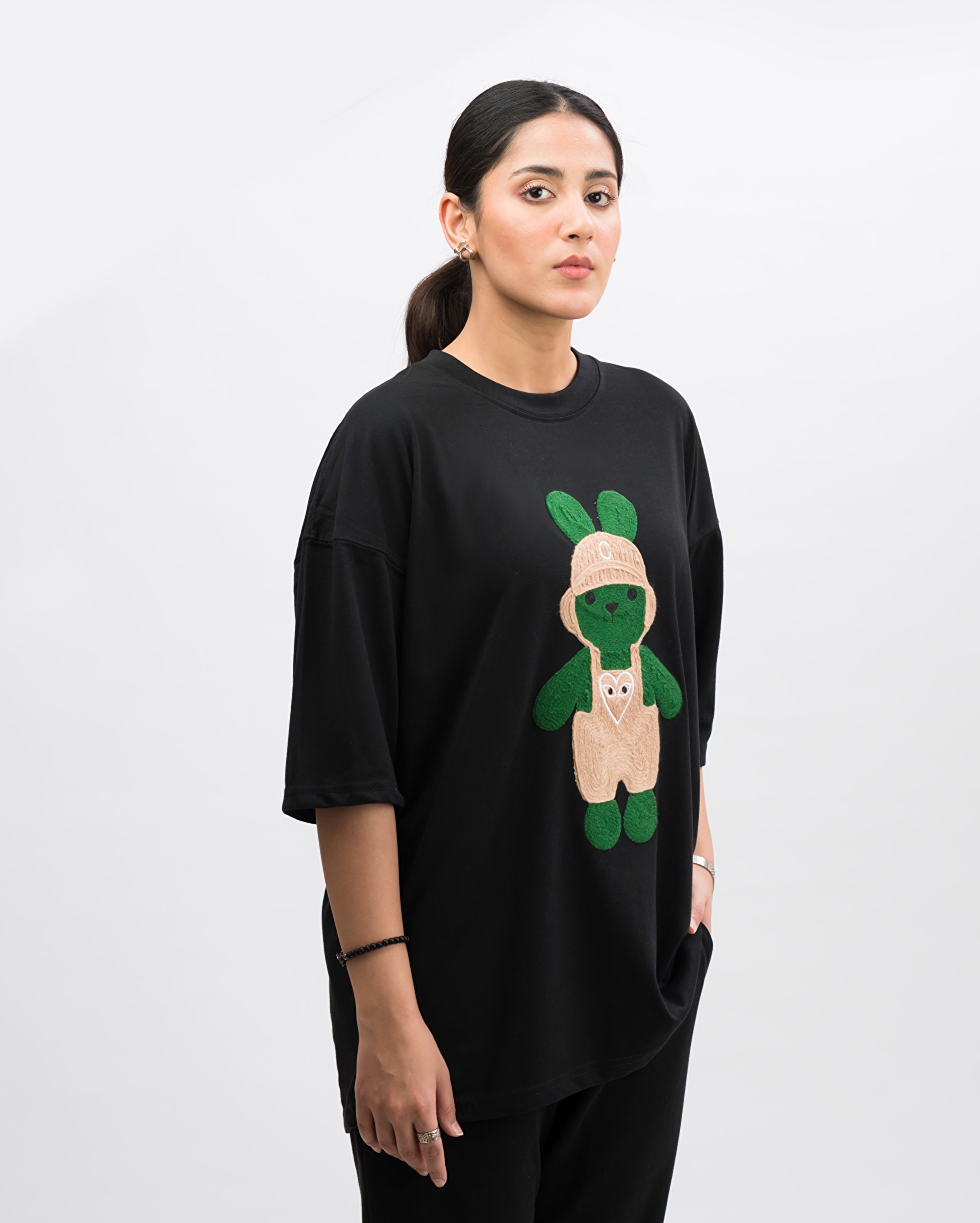 Labubu Embroidered Patched Drop Shoulder Oversized Tee Black