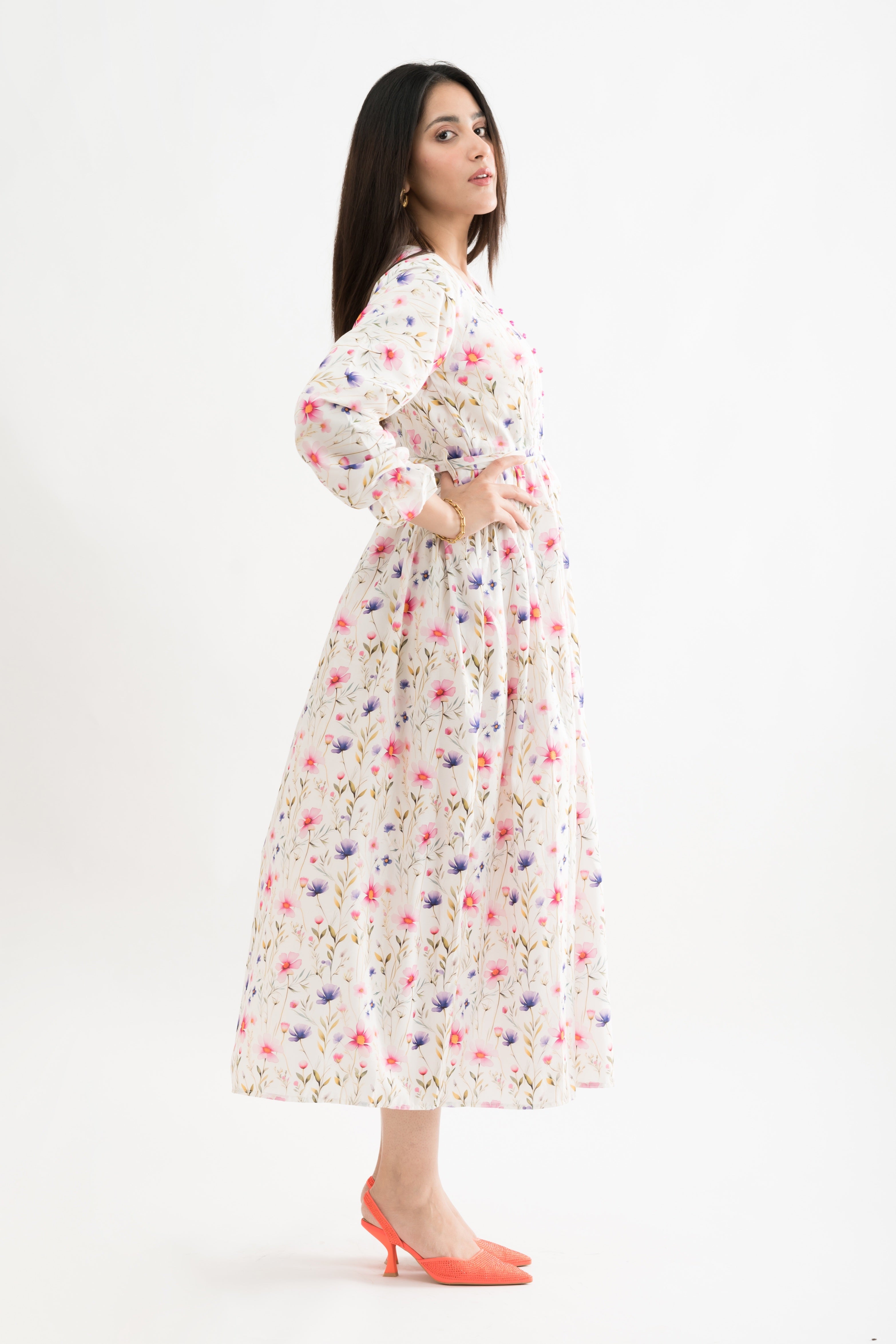 Lilly White Floral Printed Lawn Maxi Dress