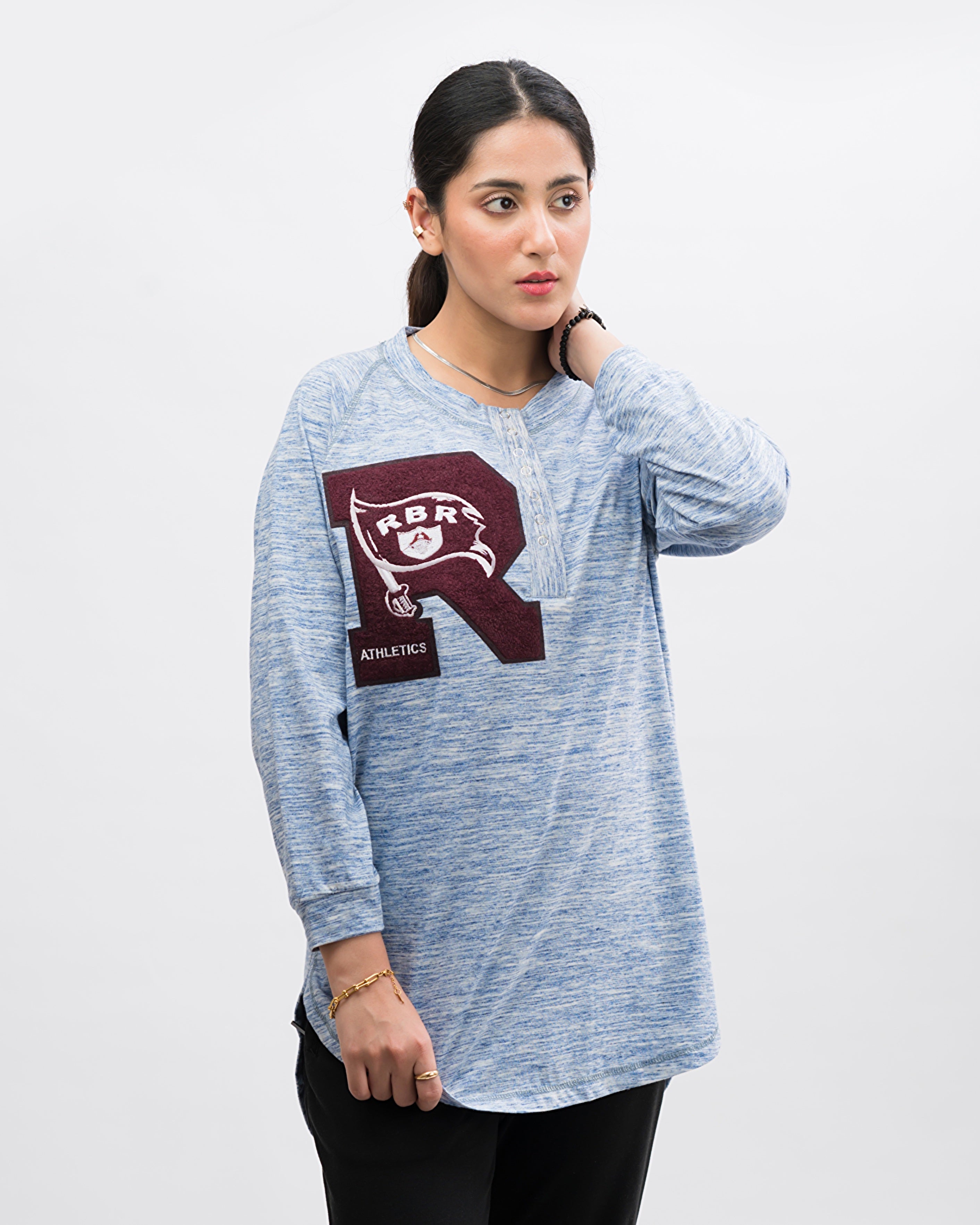 Henley Style R Athletic Long Sleeve Oversized Tee Blue