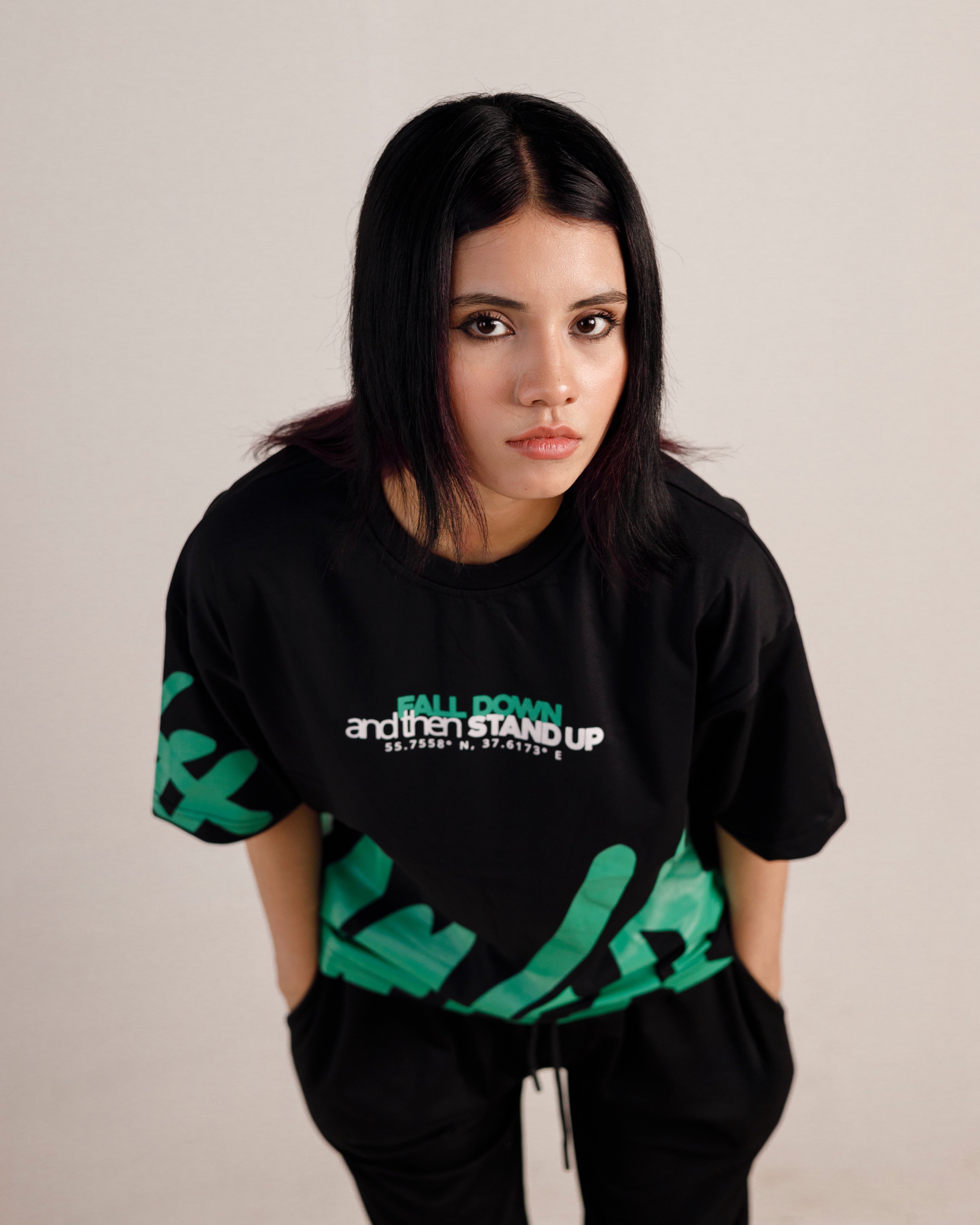 Fall Down Graphic Drop Shoulder Oversized Tee Black