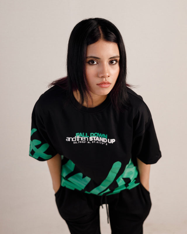 Fall Down Graphic Drop Shoulder Oversized Tee Black