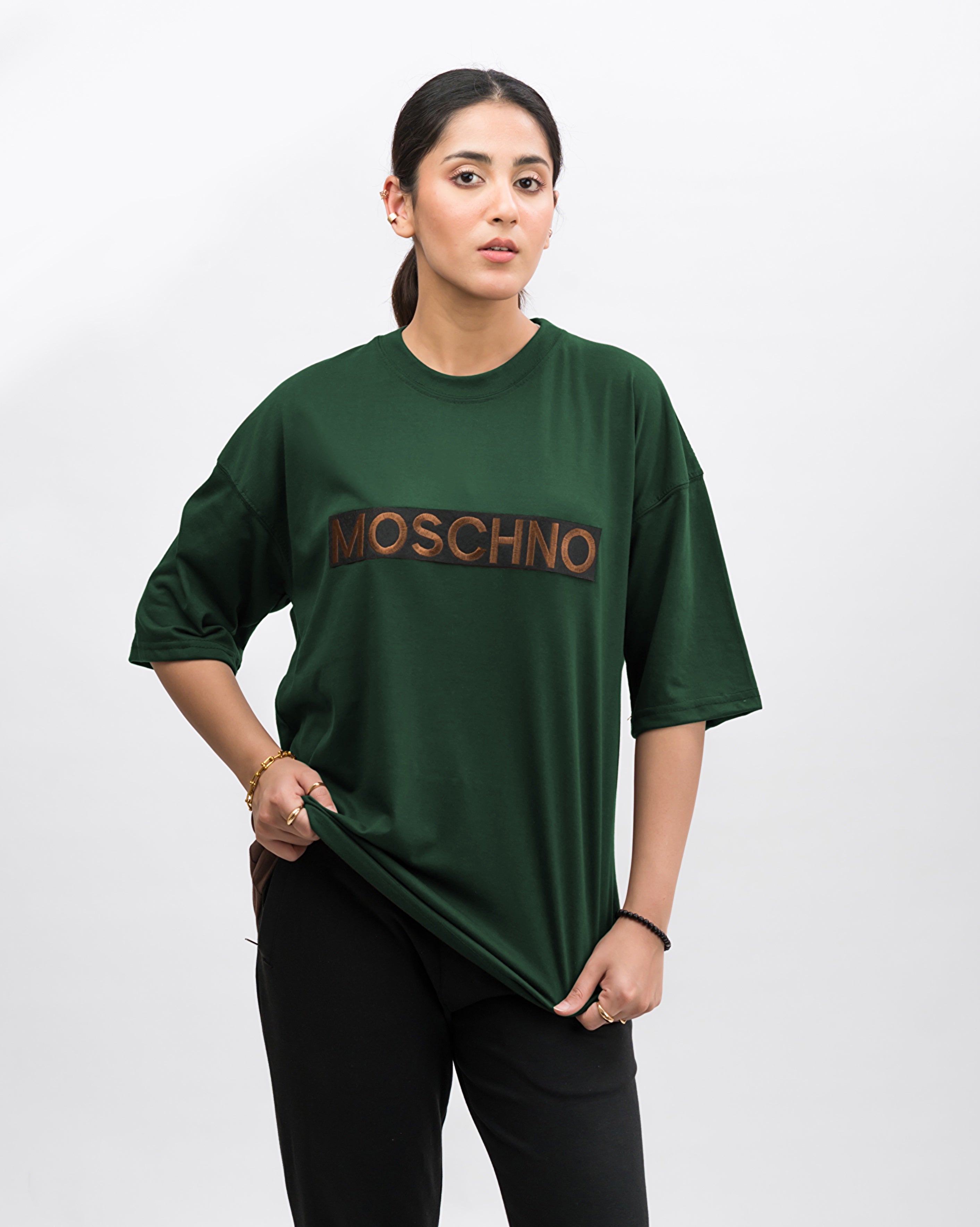 Moschino Embroidered Patched Drop Shoulder Oversized Tee Green