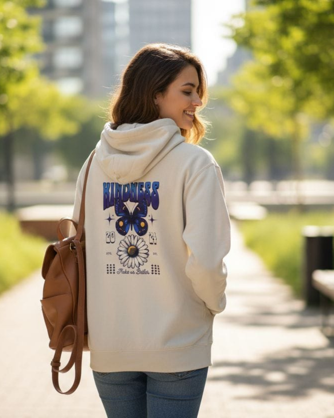 Butterfly Print Oversized Fit Pull Over Hoodie Off White