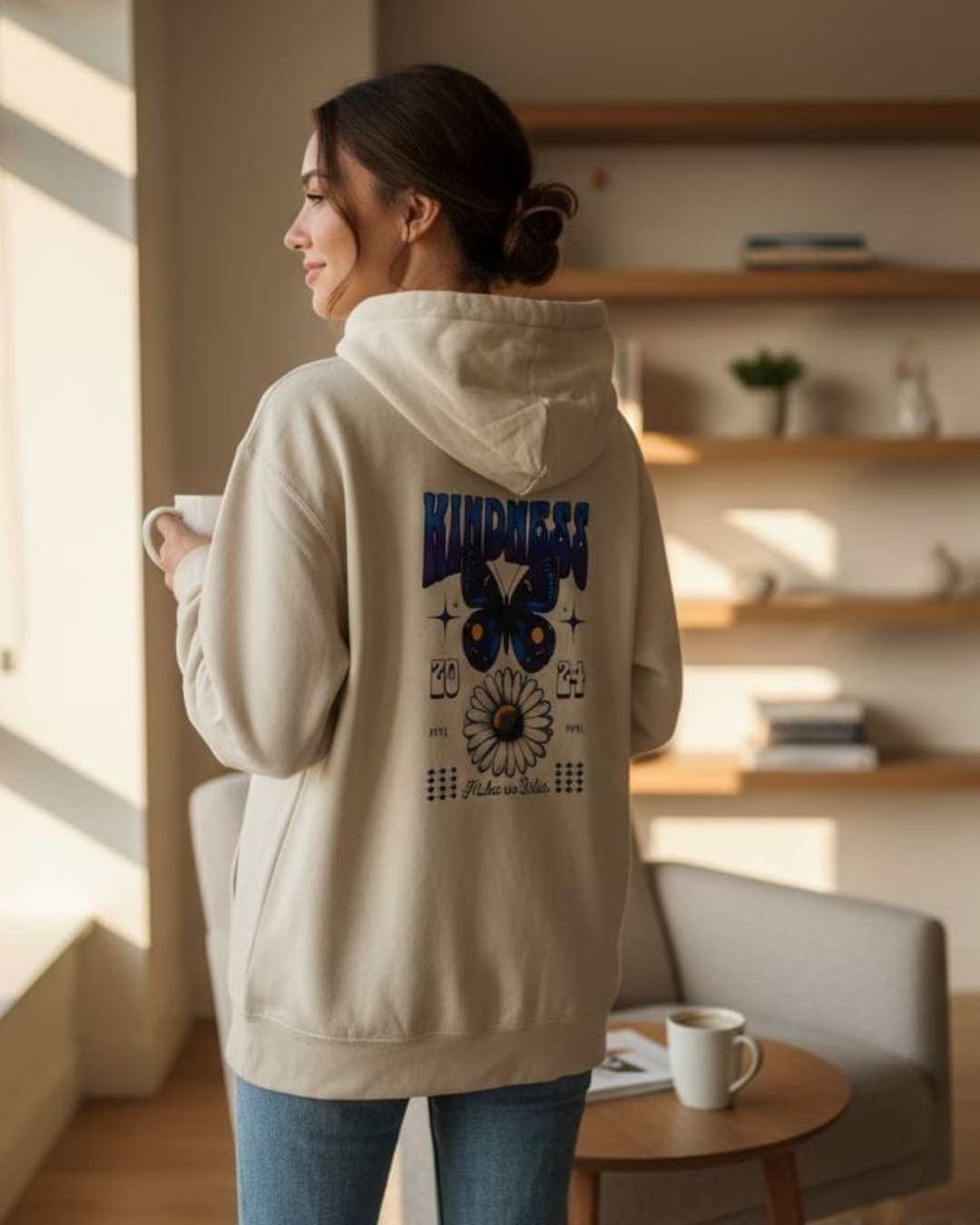 Butterfly Print Oversized Fit Pull Over Hoodie Off White