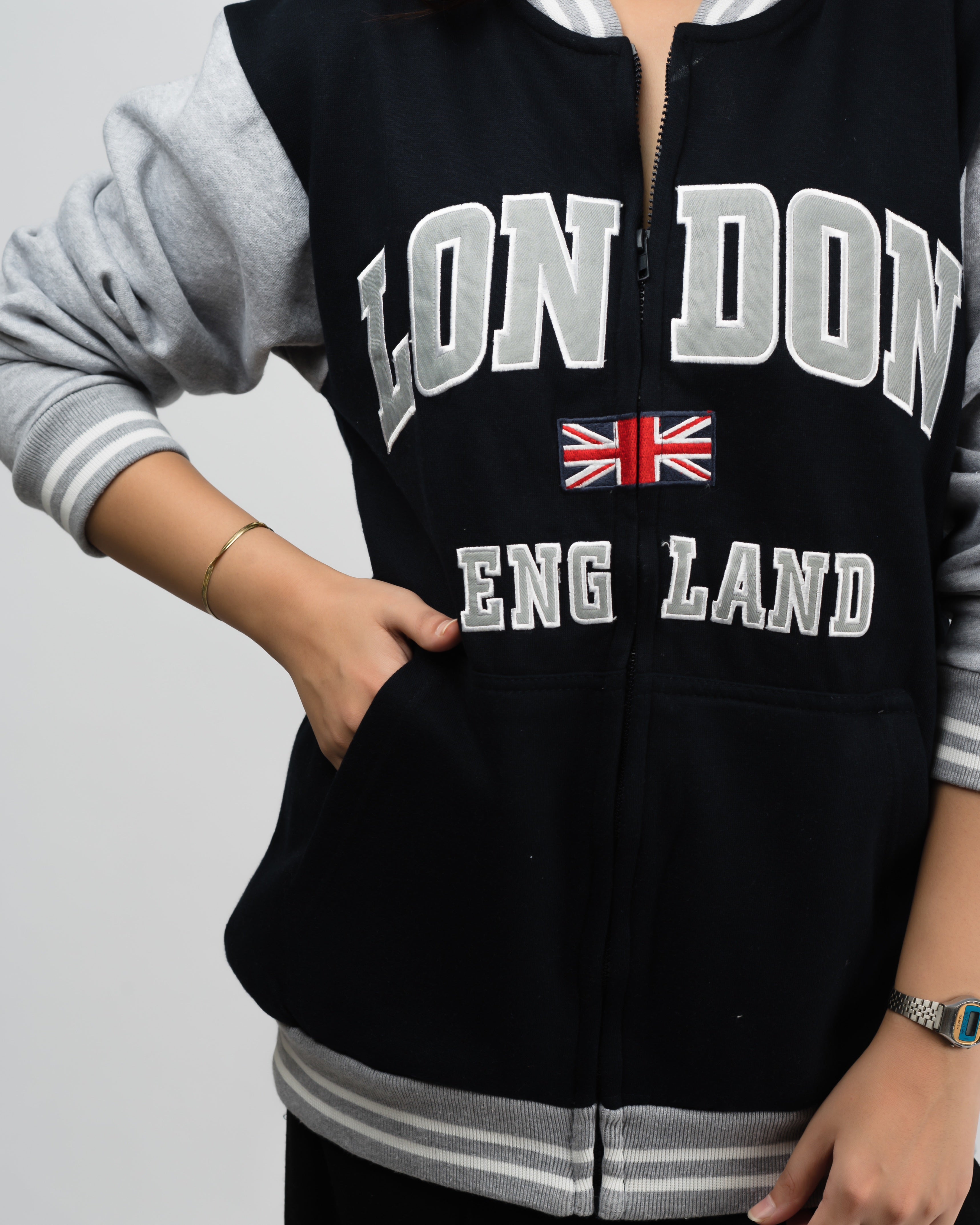 London Embroidered Zipper Baseball Jacket Black