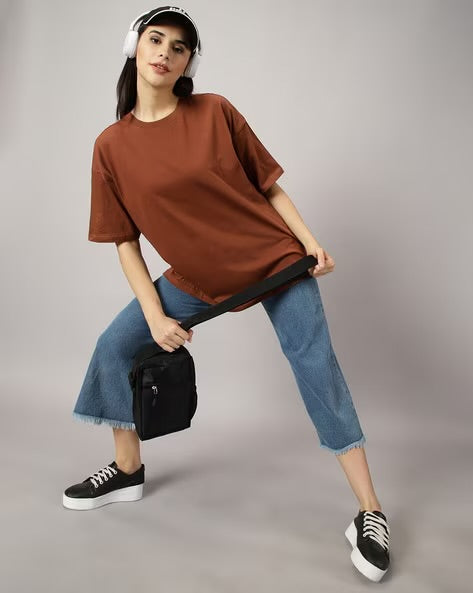 Womens Basic Oversized Drop Shoulder Tee Brownie