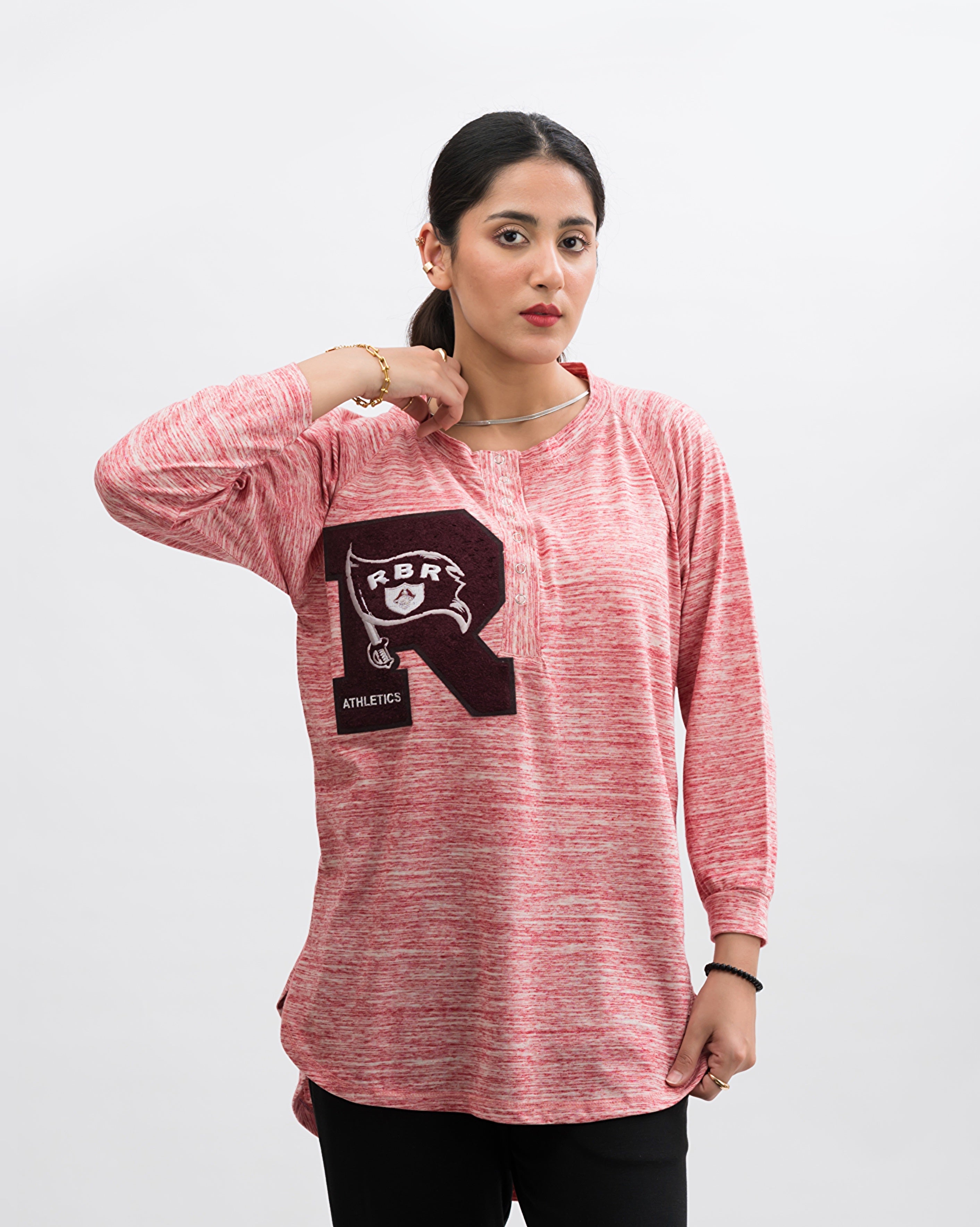 Henley Style R Athletic Long Sleeve Oversized Tee Peach