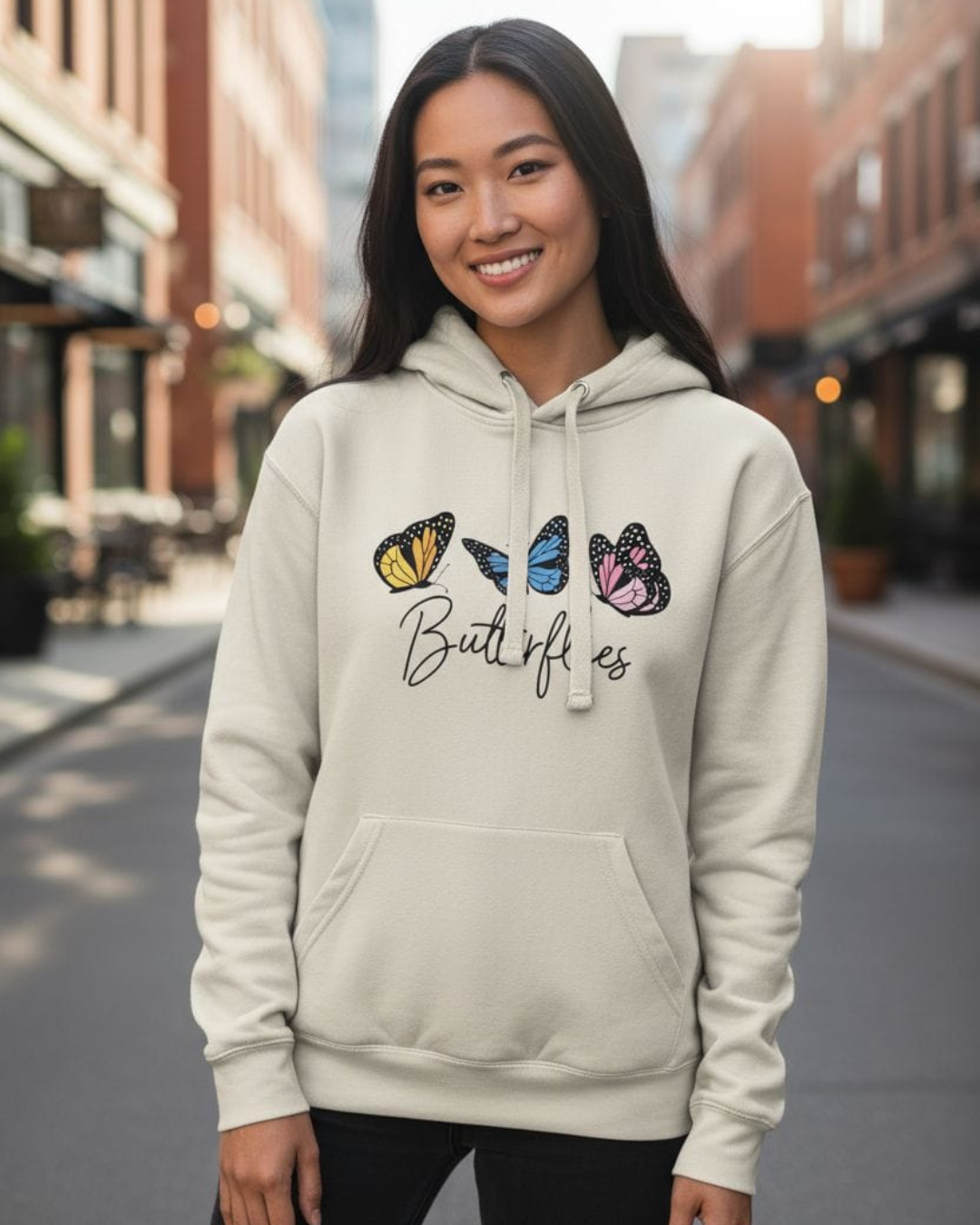 Butterfly Print Oversized Fit Pull Over Hoodie Off White