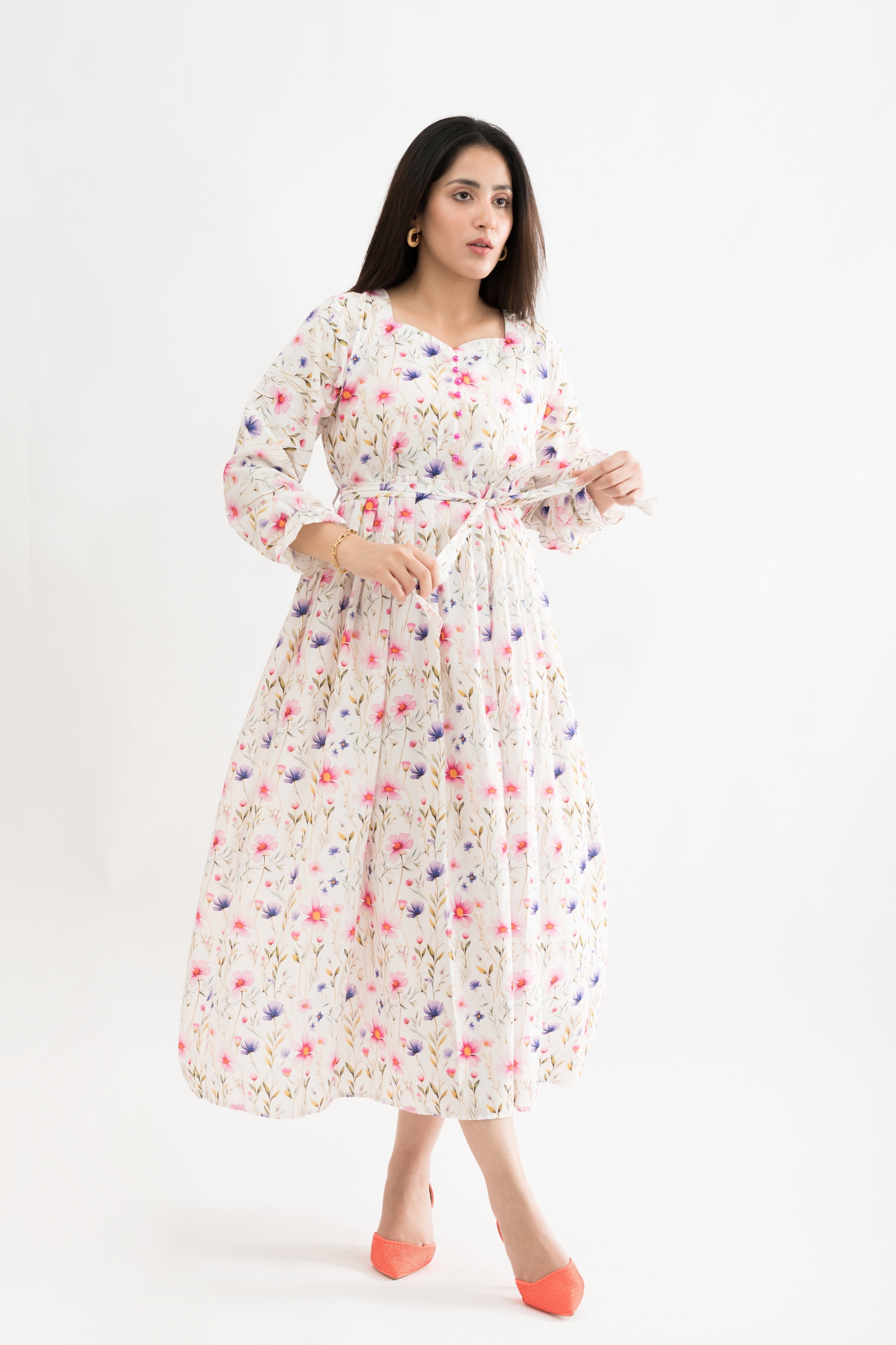 Lilly White Floral Printed Lawn Maxi Dress