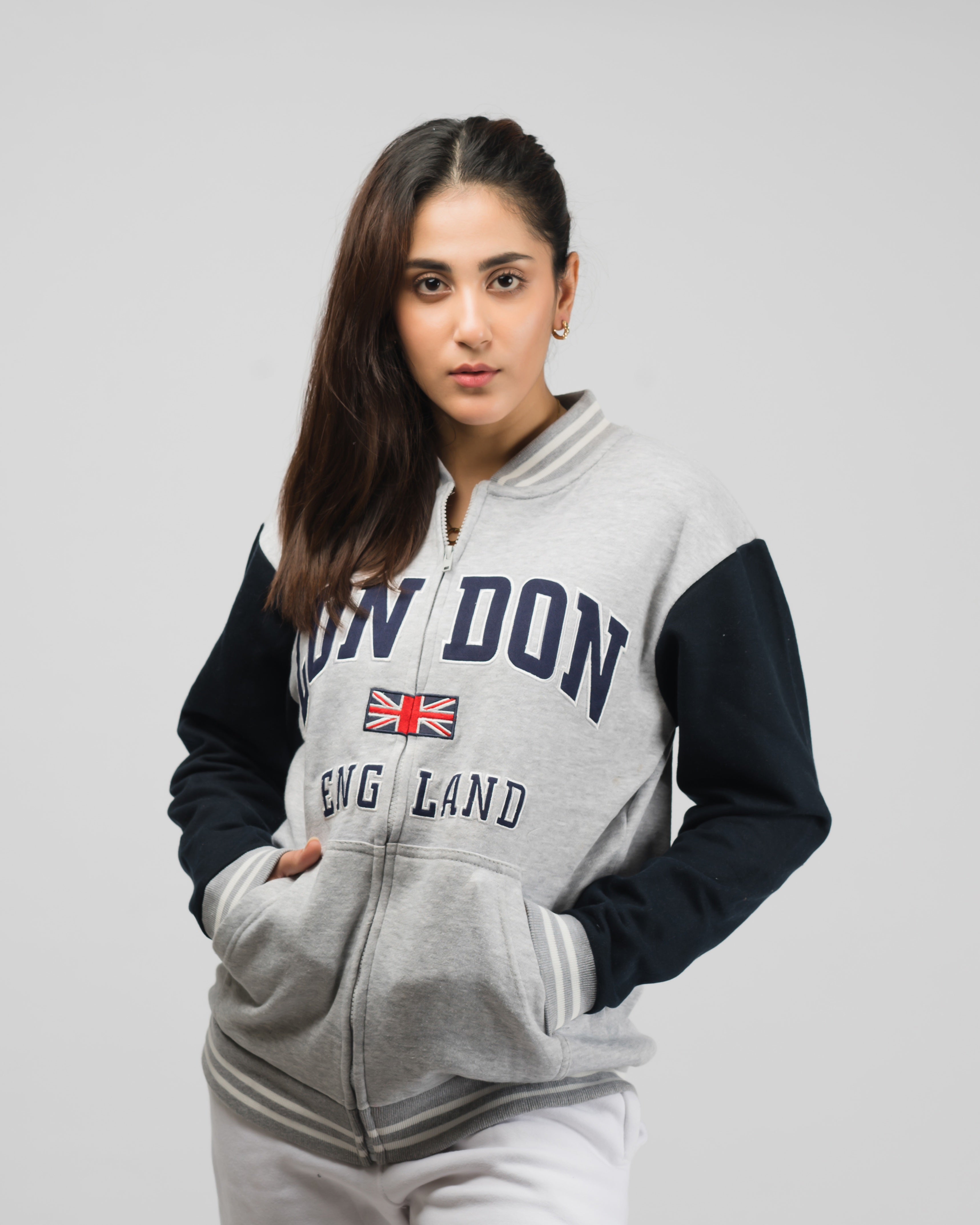 London Embroidered Zipper Baseball Jacket Grey