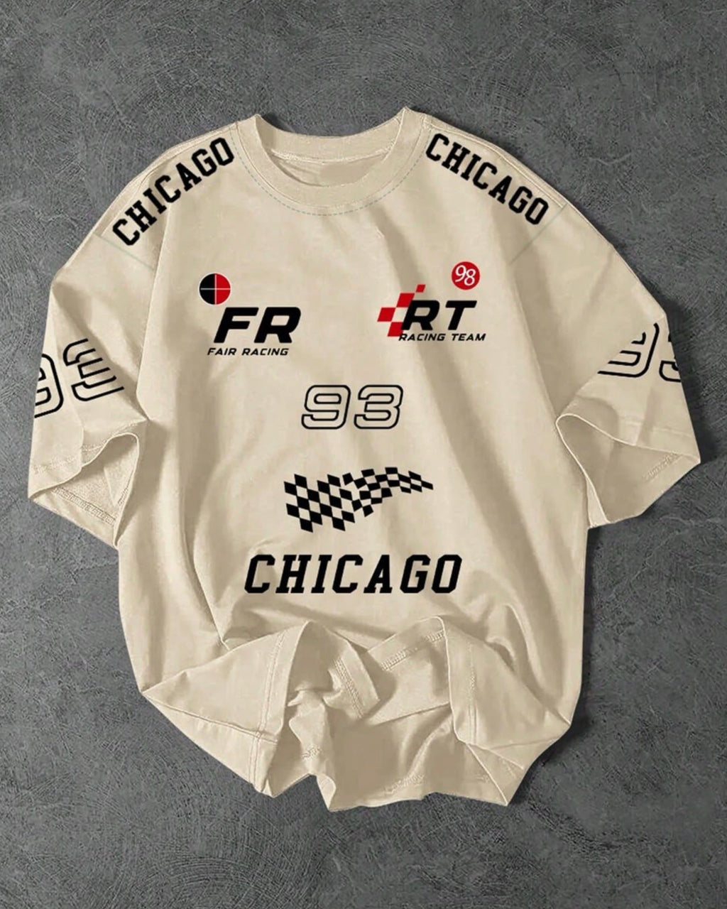 Team FR Chicago Graphic Drop Shoulder Oversized T-shirt Beige