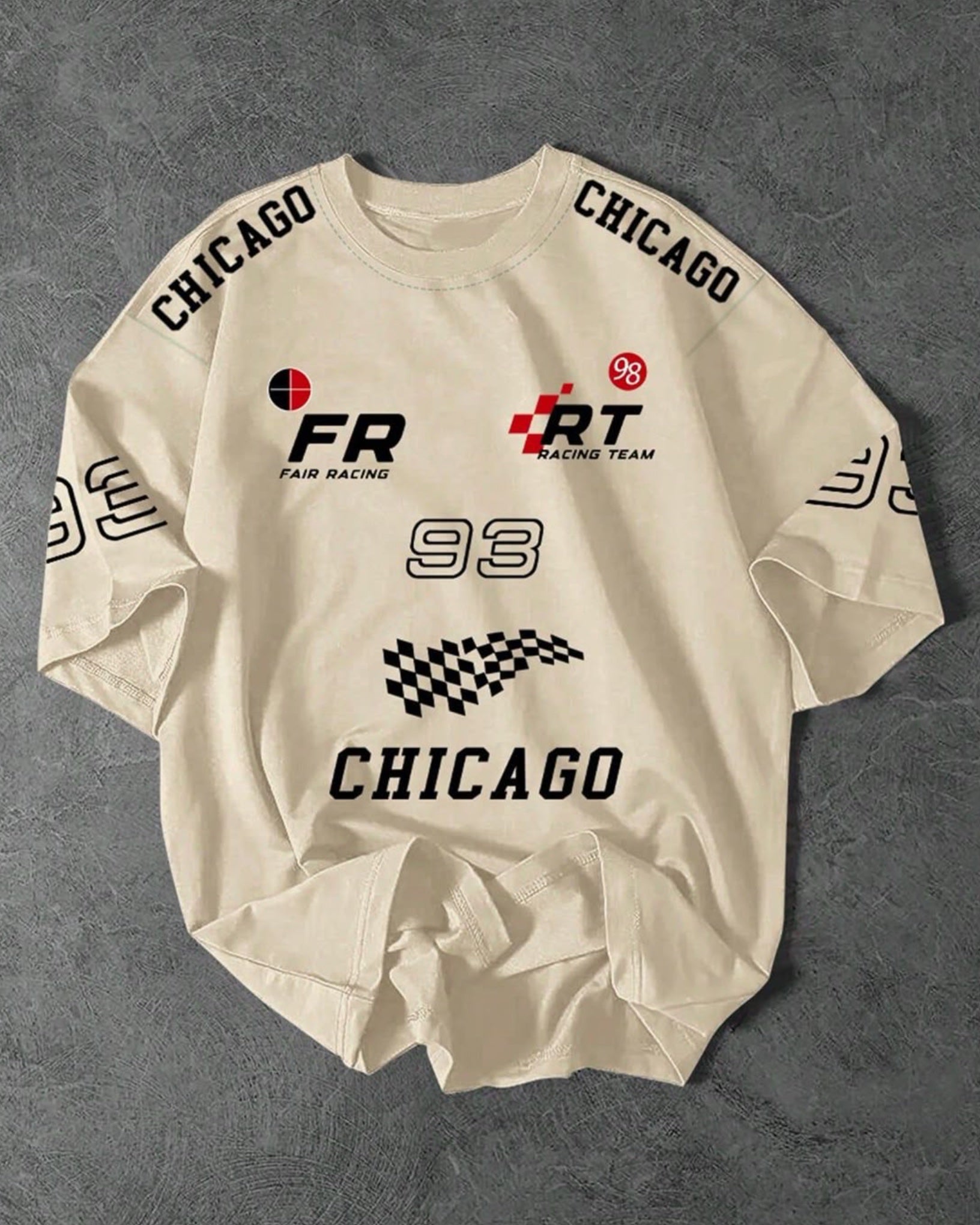 Team FR Chicago Graphic Drop Shoulder Oversized T-shirt Beige