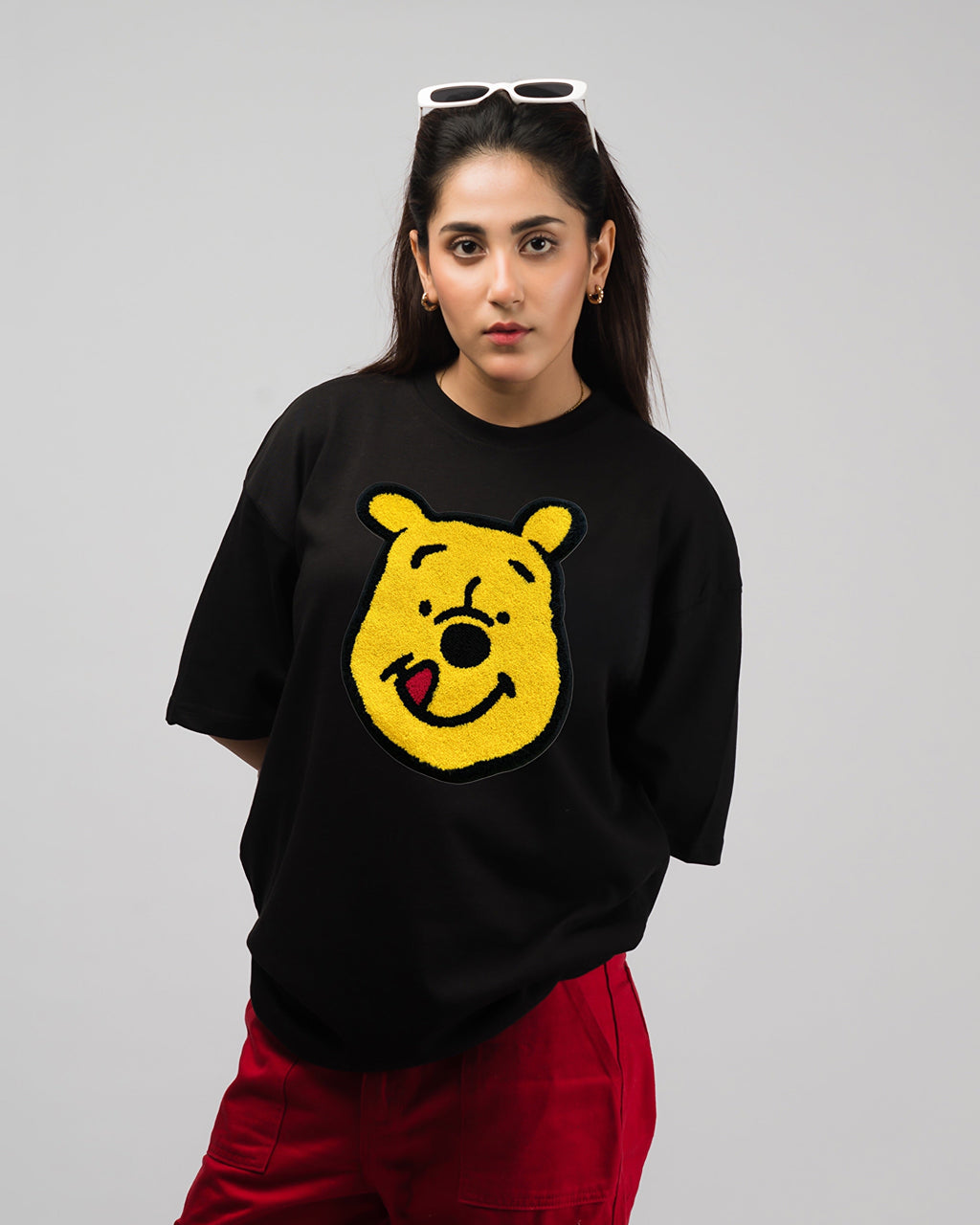 Pooh Embroidered Patched Drop Shoulder Oversized Tee Black