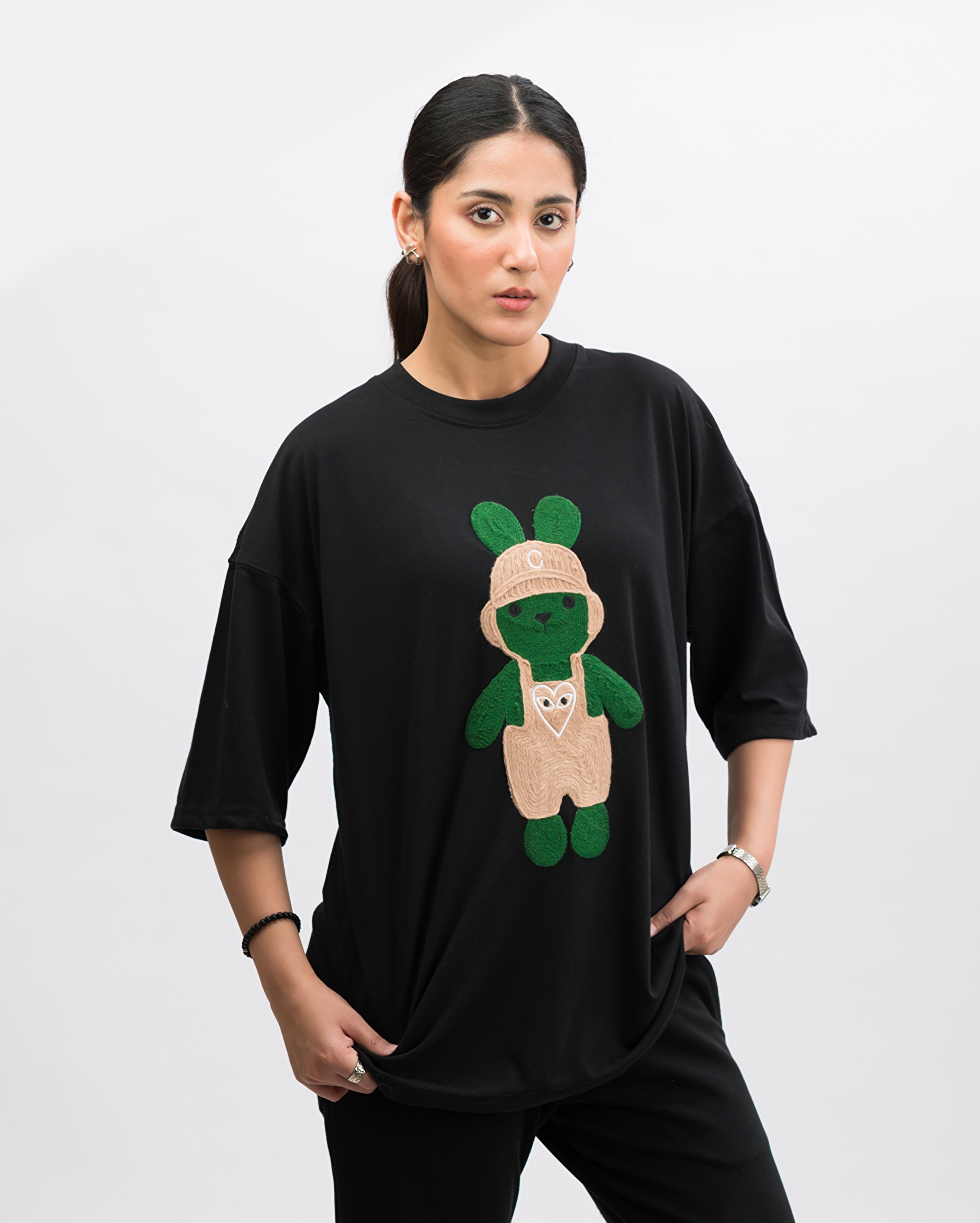 Labubu Embroidered Patched Drop Shoulder Oversized Tee Black